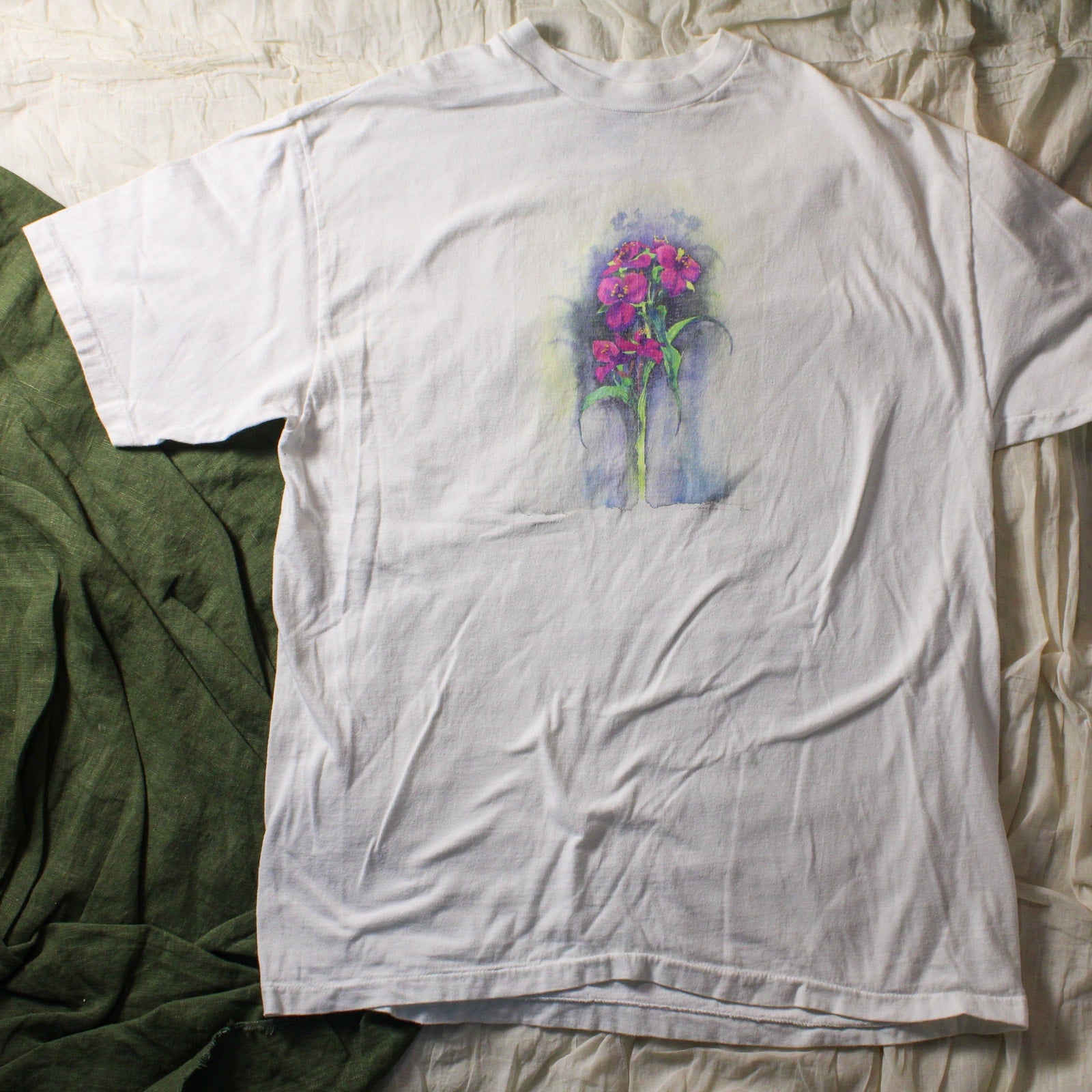 80s hanes beefy-t single stitch floral watercolor tee (l)