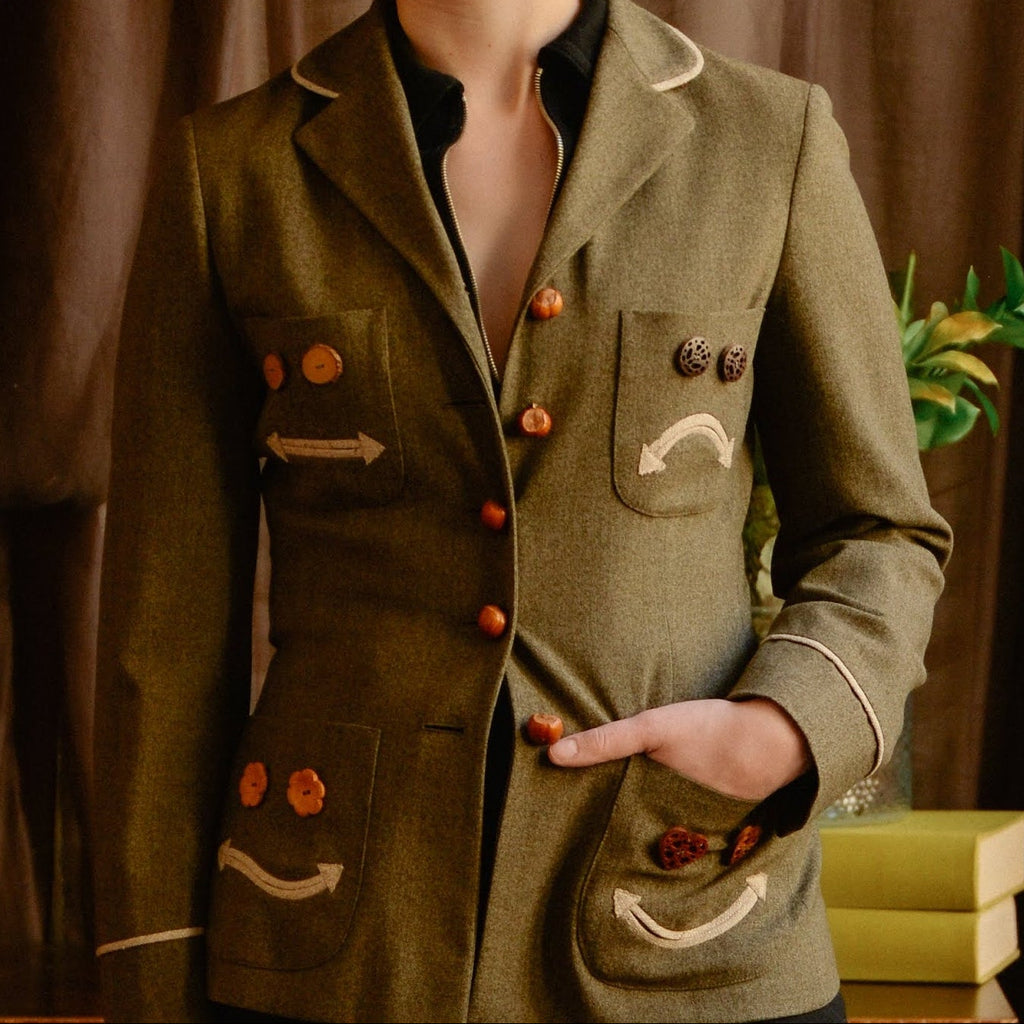 90s moschino cheap and chic “nuts about you” smiley face skirt suit - rare archival