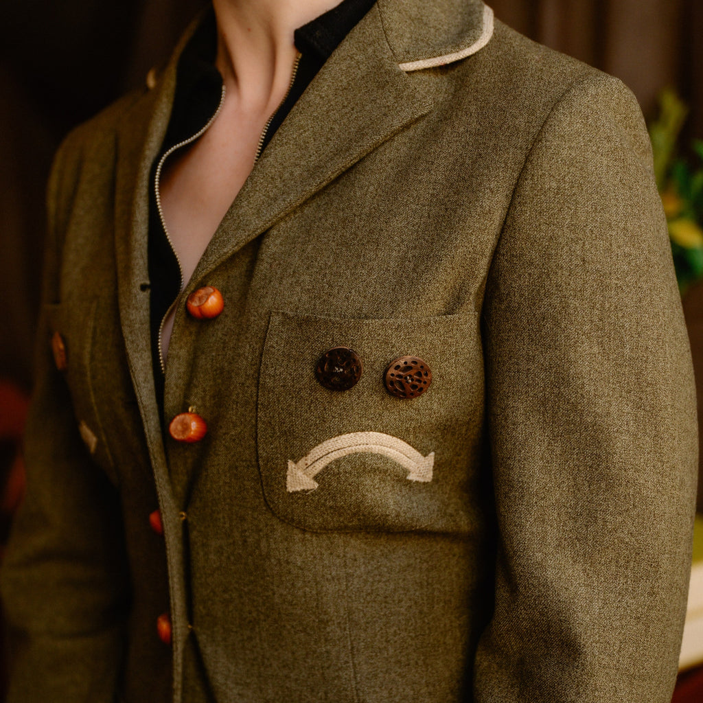 90s moschino cheap and chic “nuts about you” smiley face skirt suit - rare archival