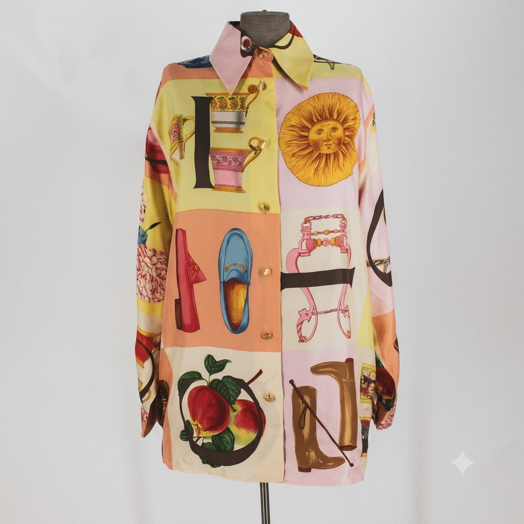 90s gucci tom ford ss1994 heritage print silk shirt