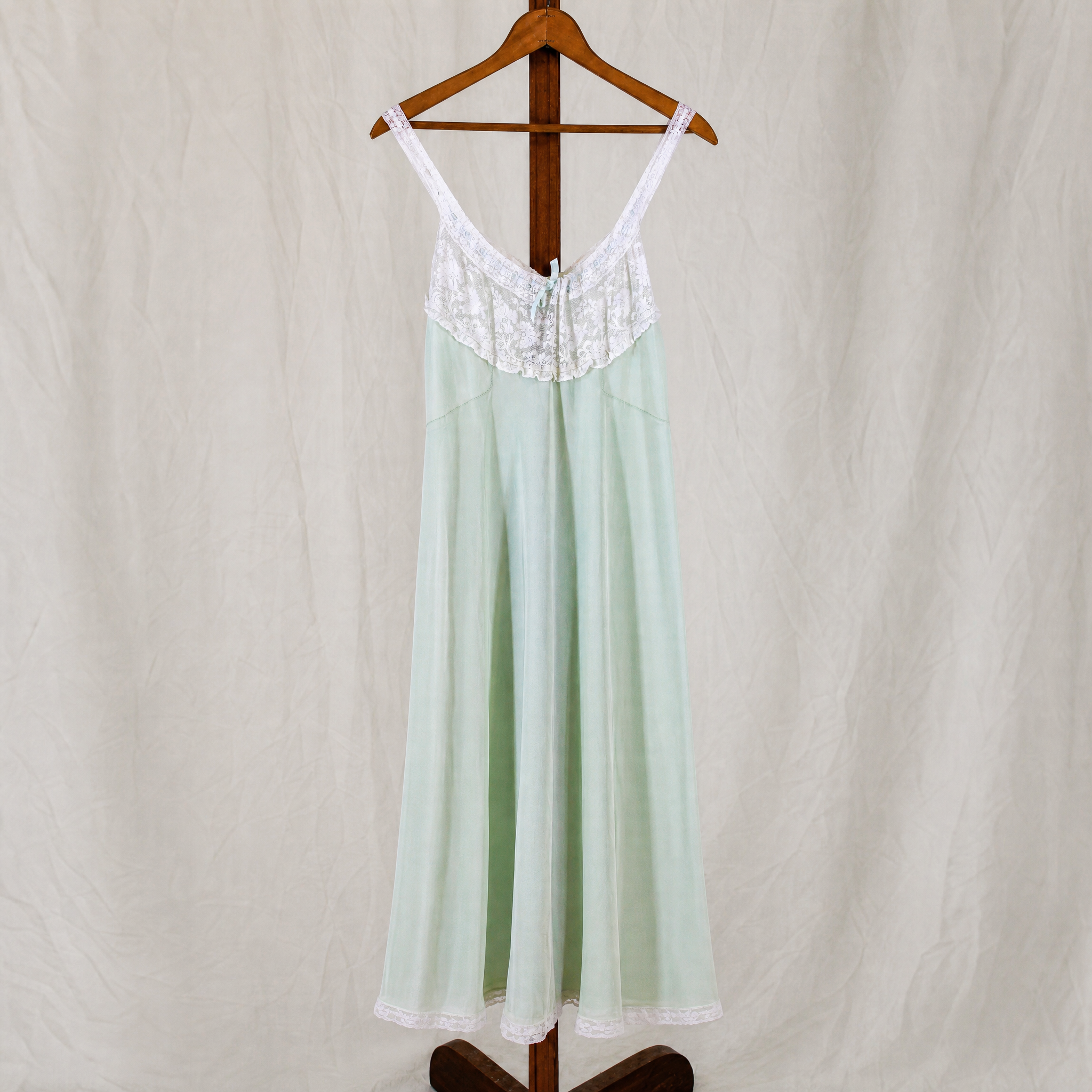 40s "styled by Godfried" mint rayon nightgown, lace bodice