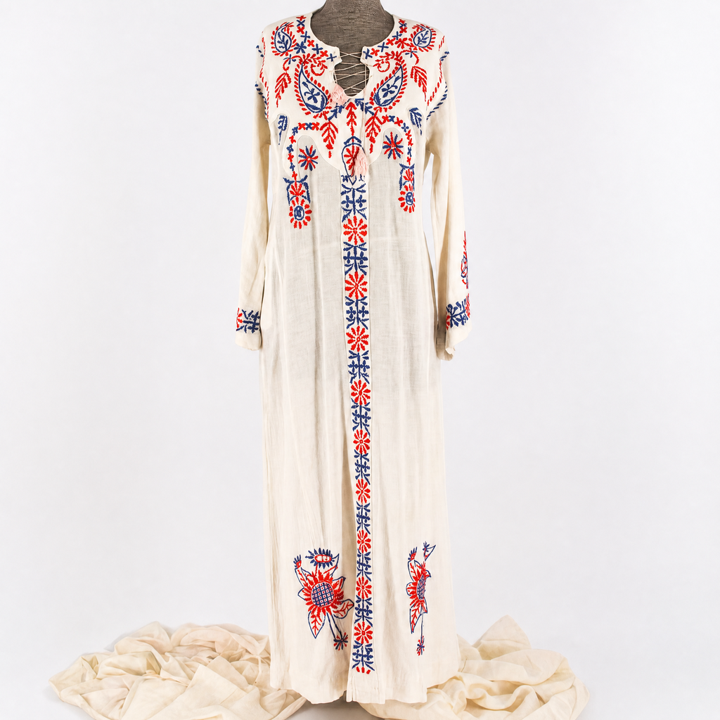 70s hand-embroidered cotton gauze caftan maxi dress