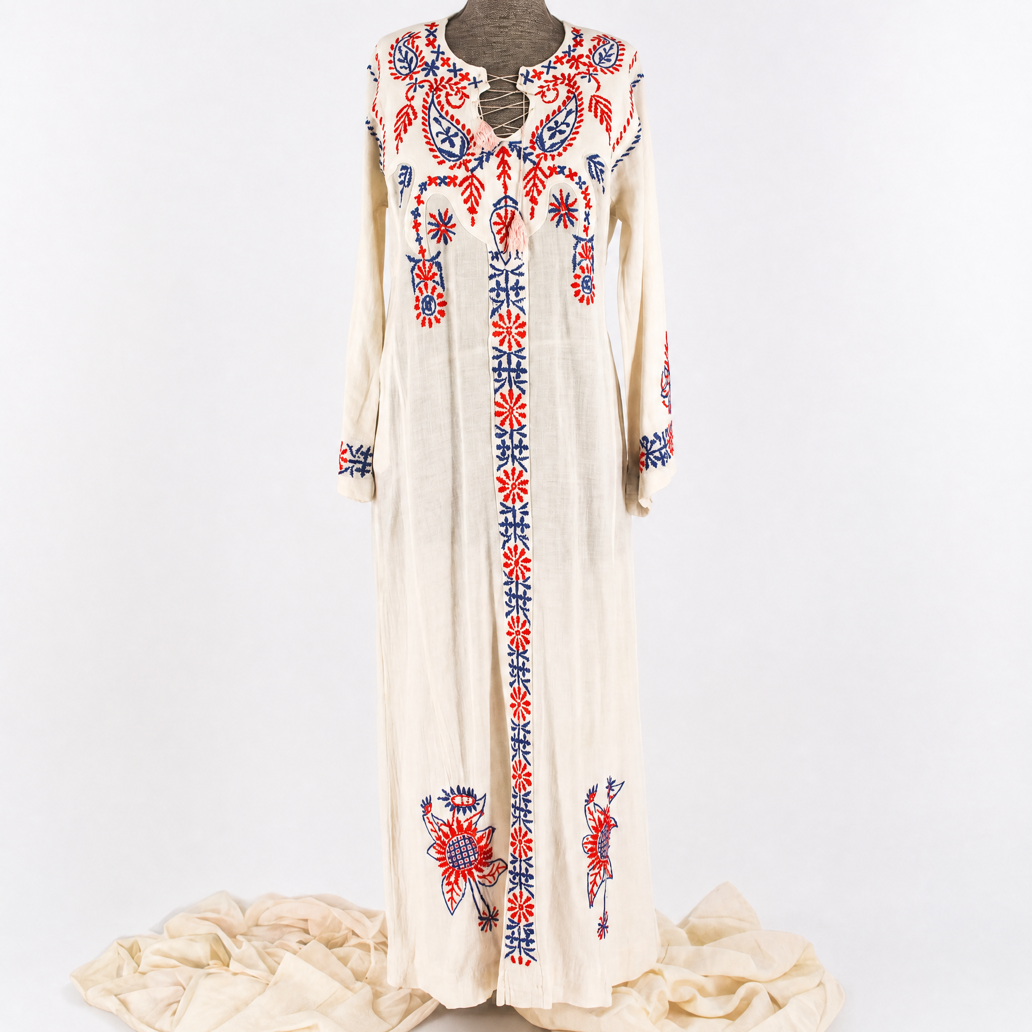 70s hand-embroidered cotton gauze caftan maxi dress