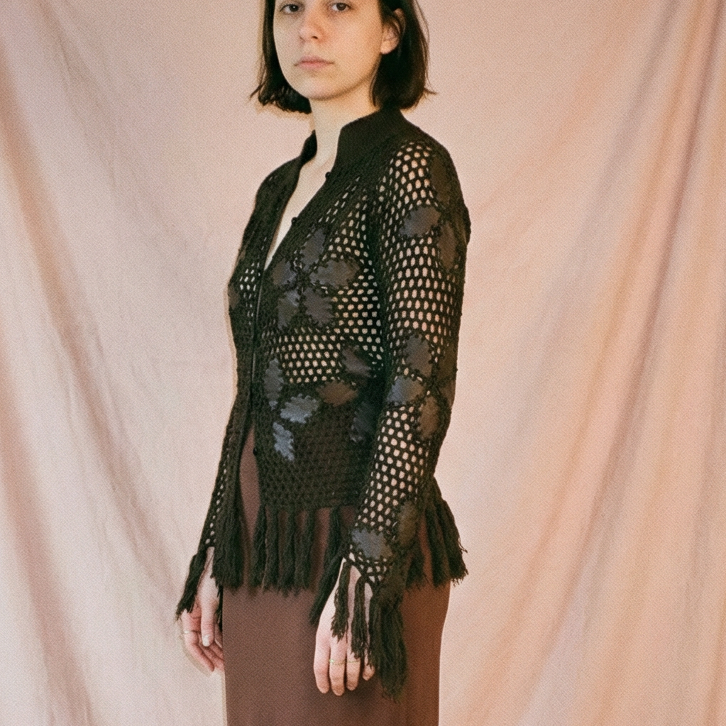 y2k crochet cardigan with suede appliqués and fringe