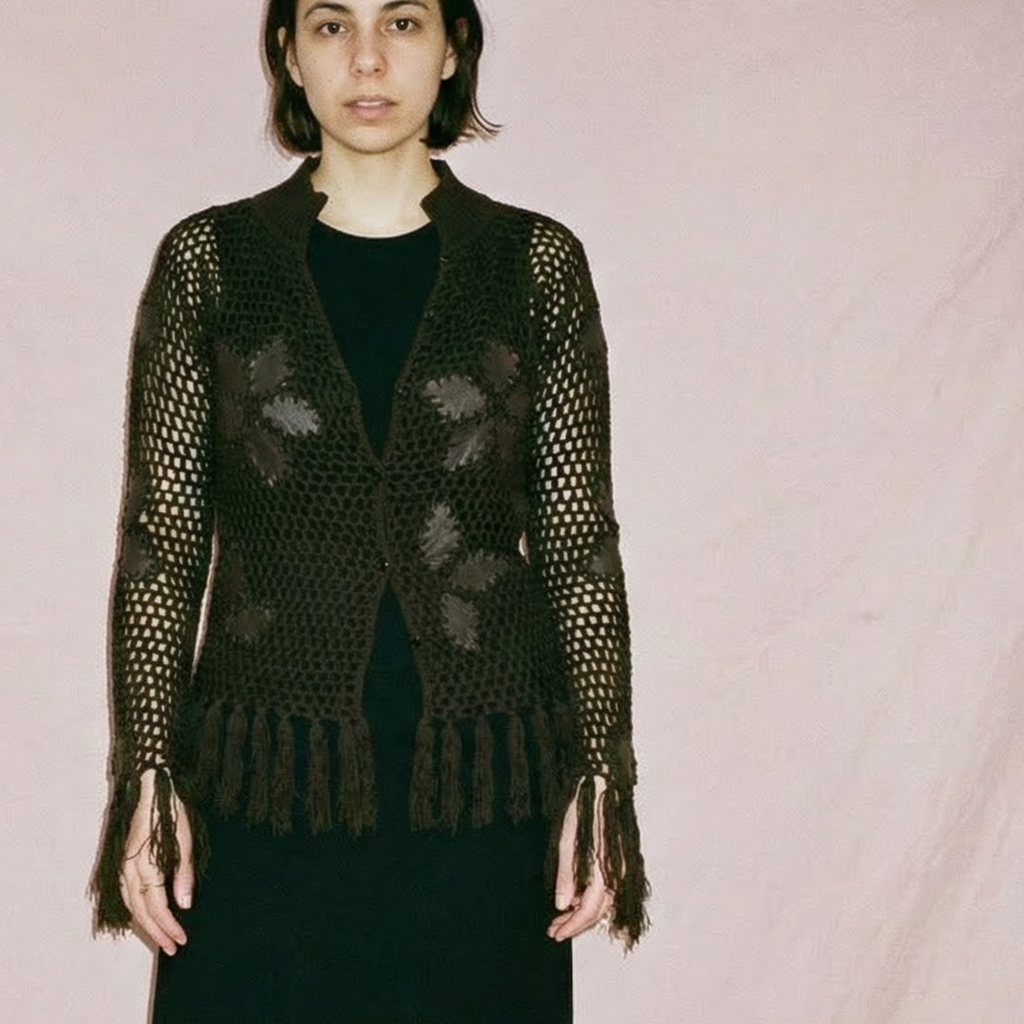 y2k crochet cardigan with suede appliqués and fringe