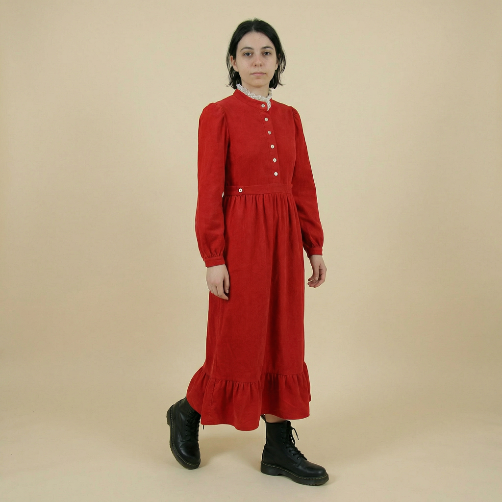 70s red lace trim prairie maxi dress