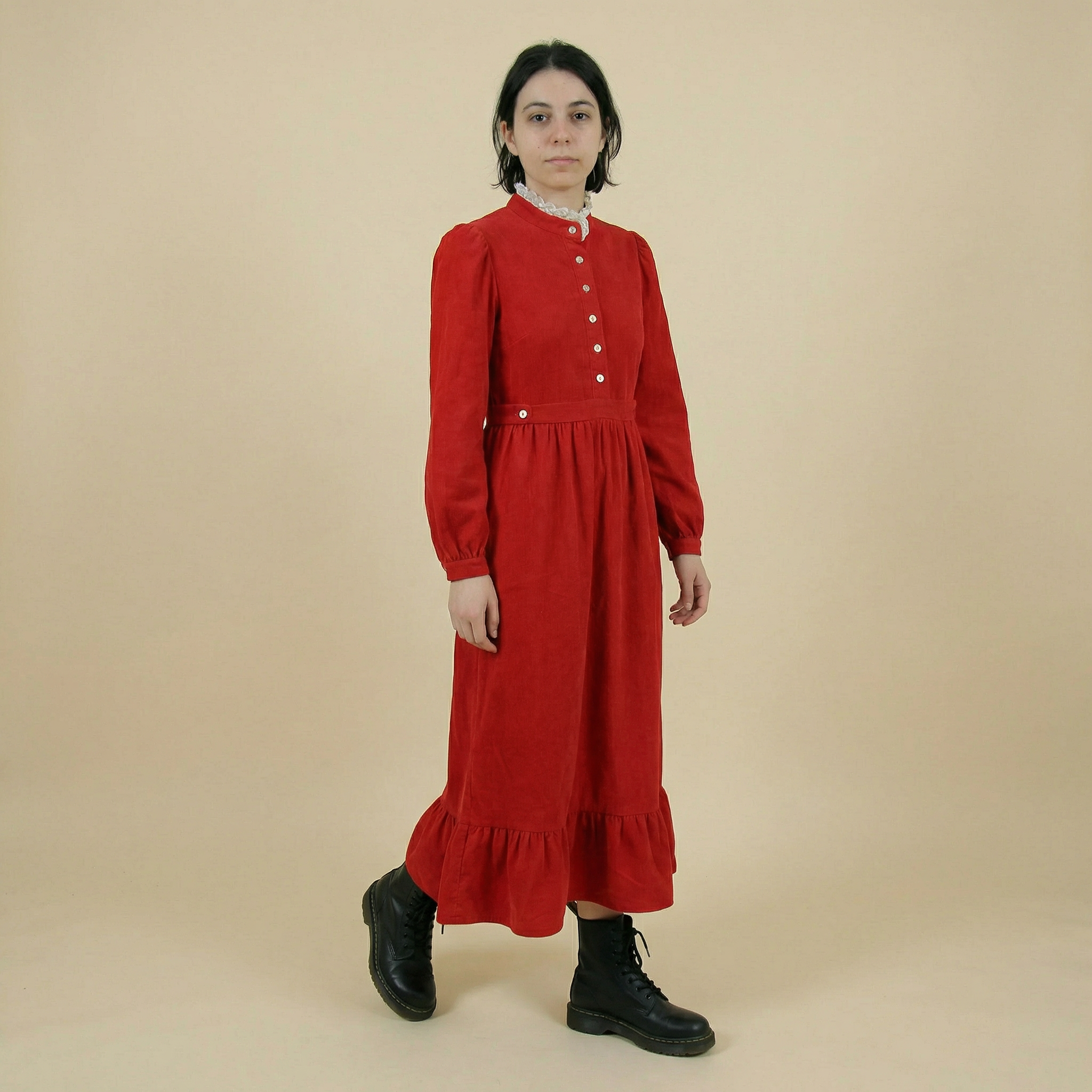 70s red lace trim prairie maxi dress