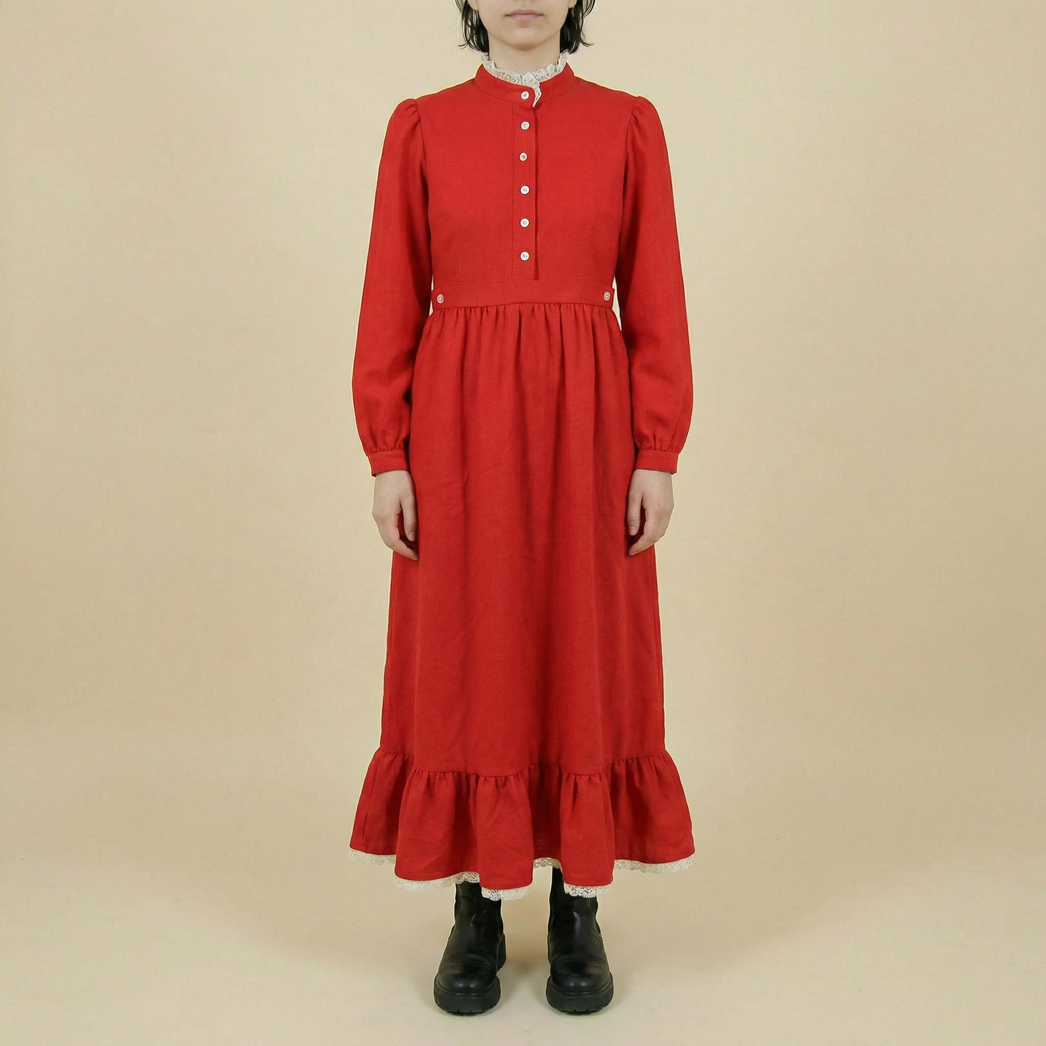 70s red lace trim prairie maxi dress