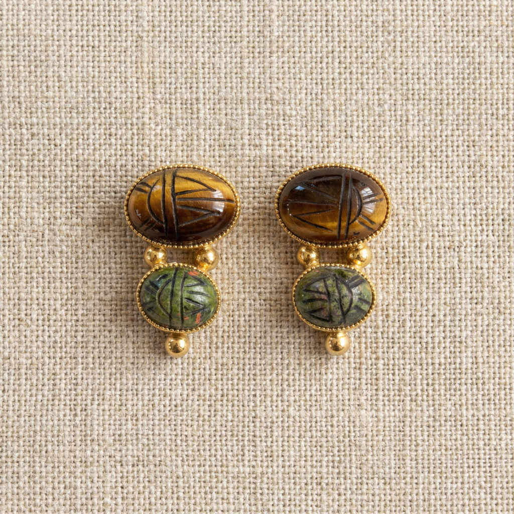 60s vintage tiger’s eye and unakite double scarab earrings