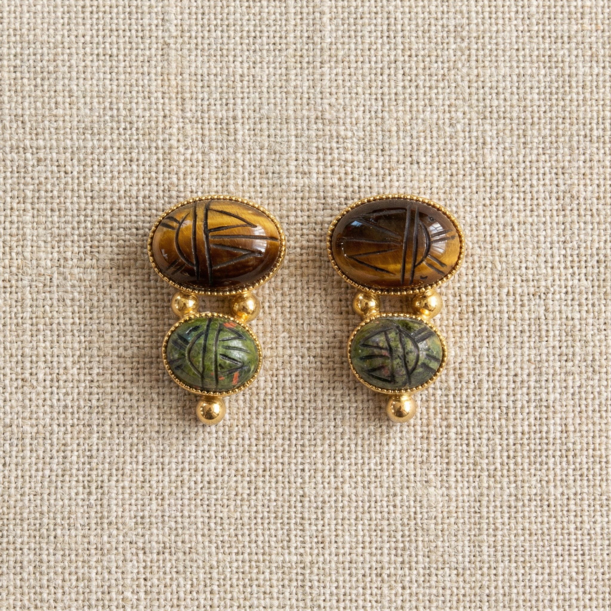 60s vintage tiger’s eye and unakite double scarab earrings