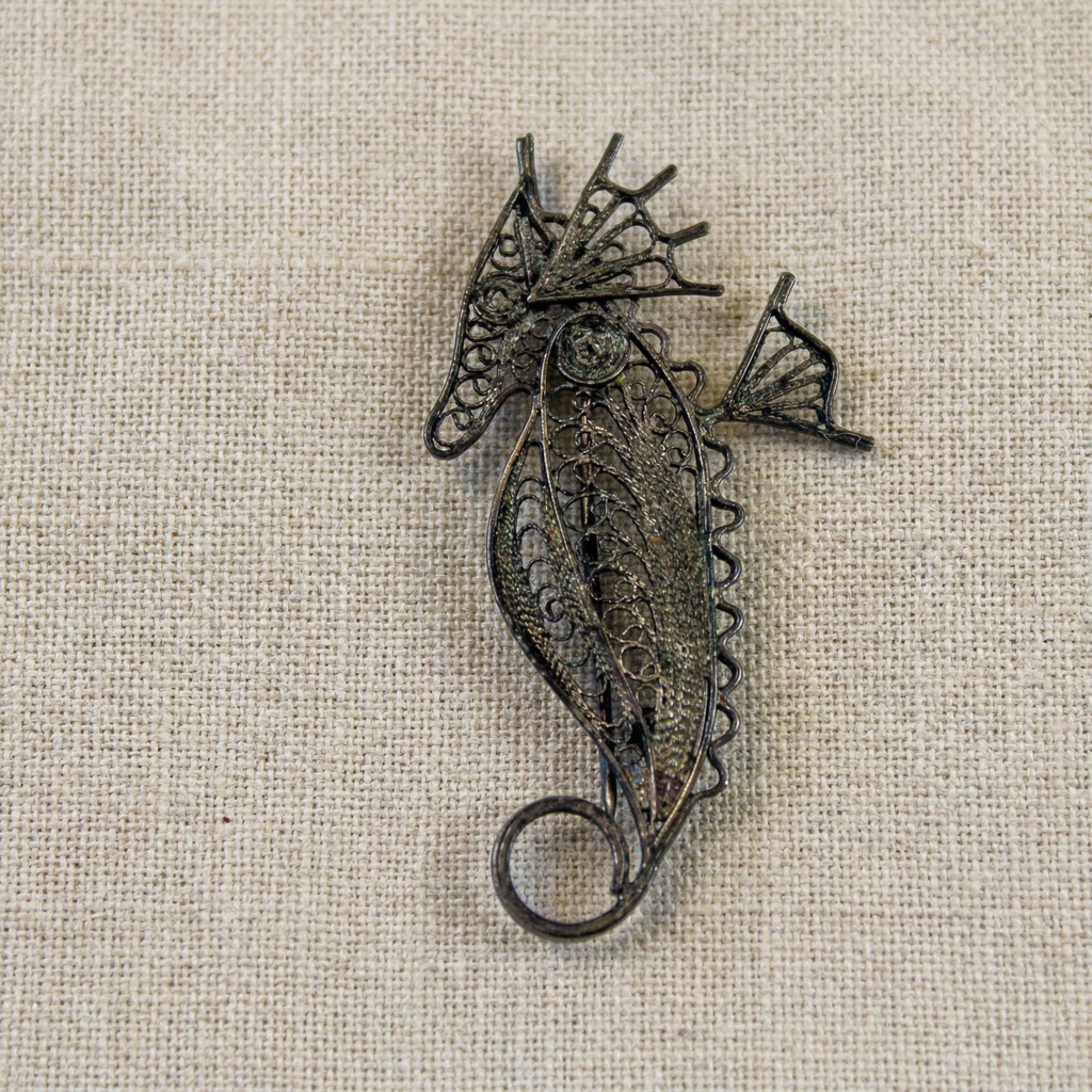 50s vintage sterling silver filigree seahorse brooch