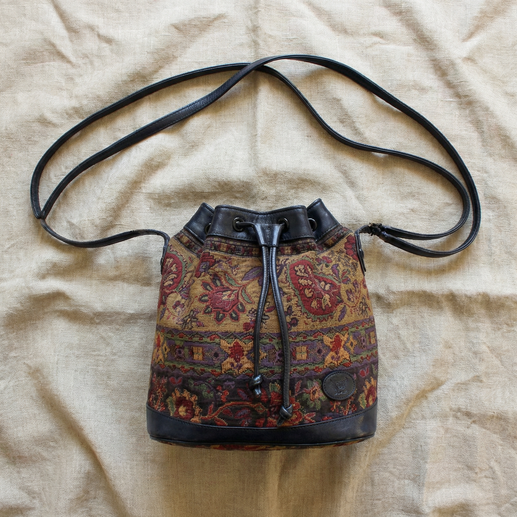 80s tapestry drawstring bucket bag