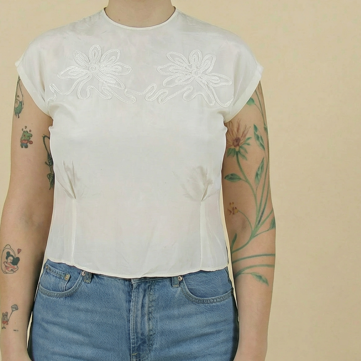 40s claire carter ivory rayon satin embroidered top