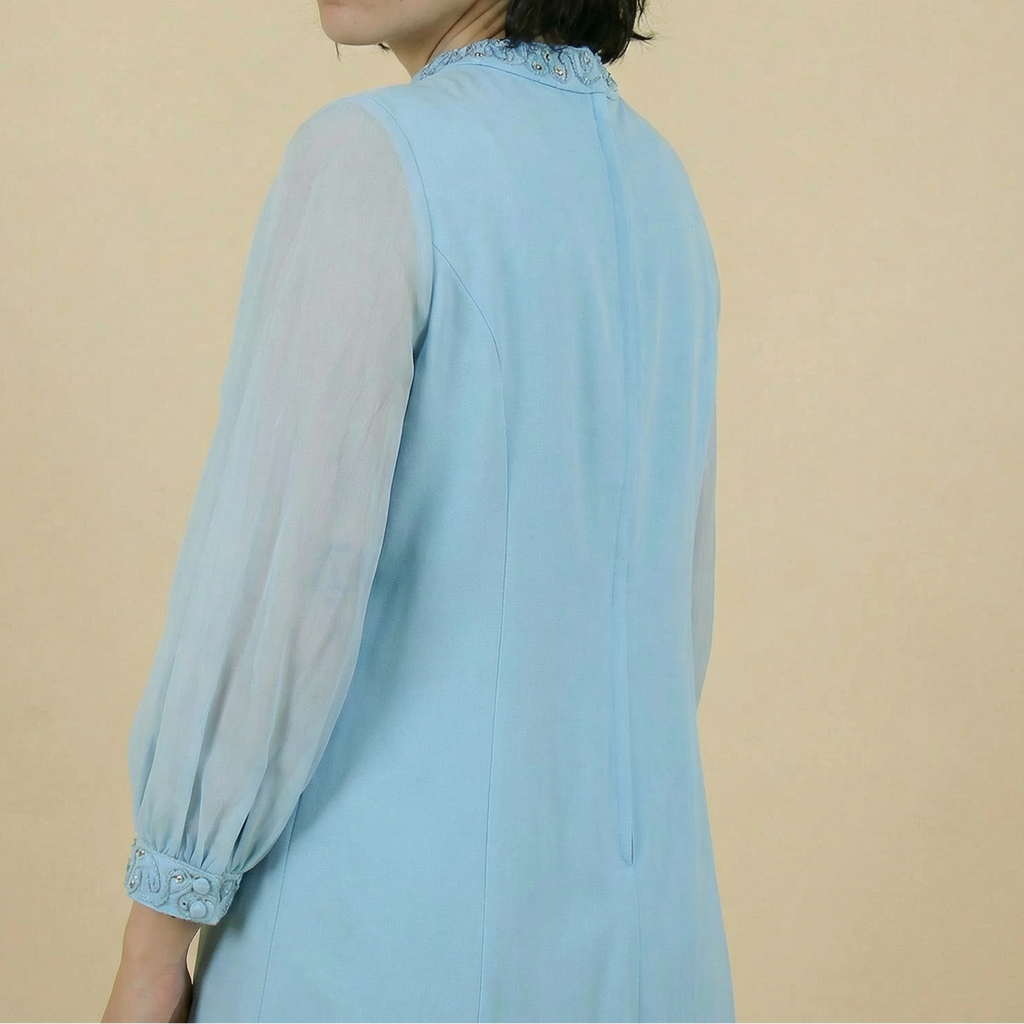 60s powder blue mock neck mini dress with sheer sleeves