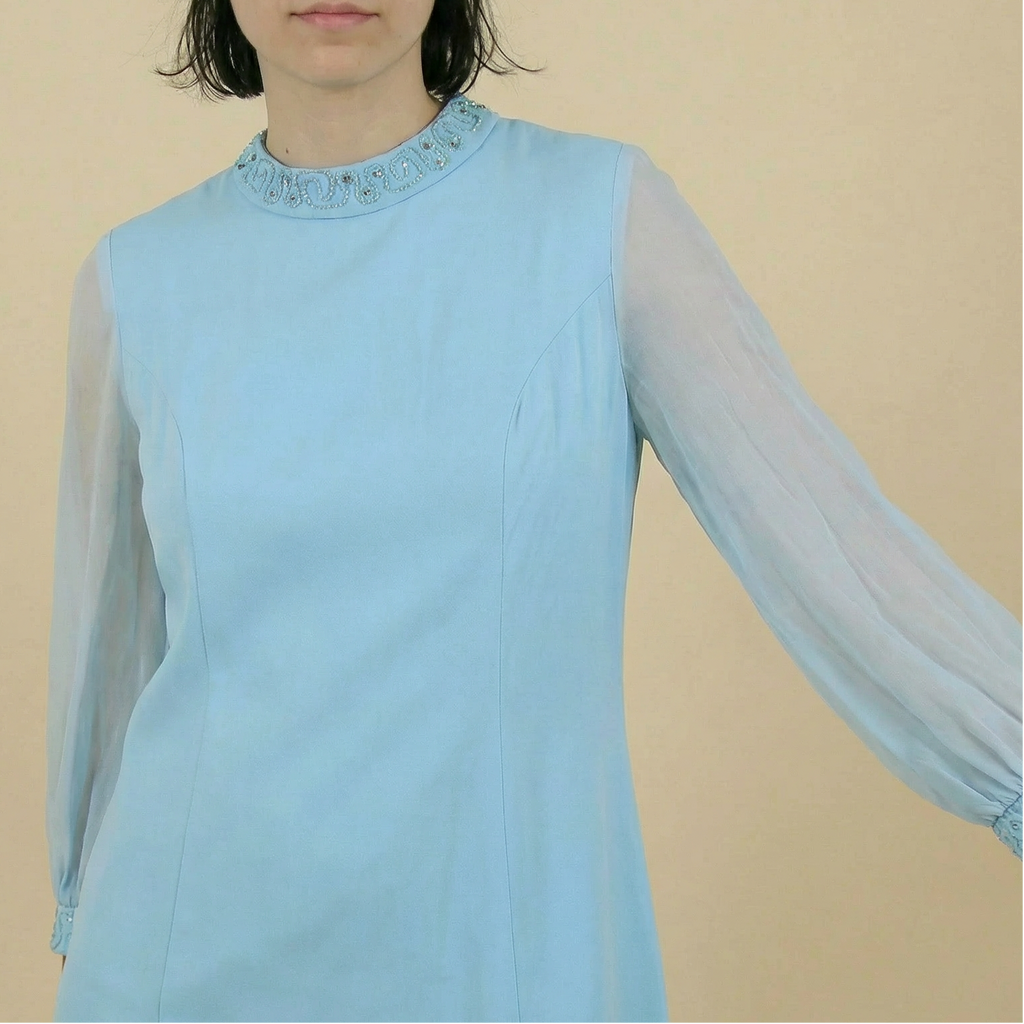 60s powder blue mock neck mini dress with sheer sleeves