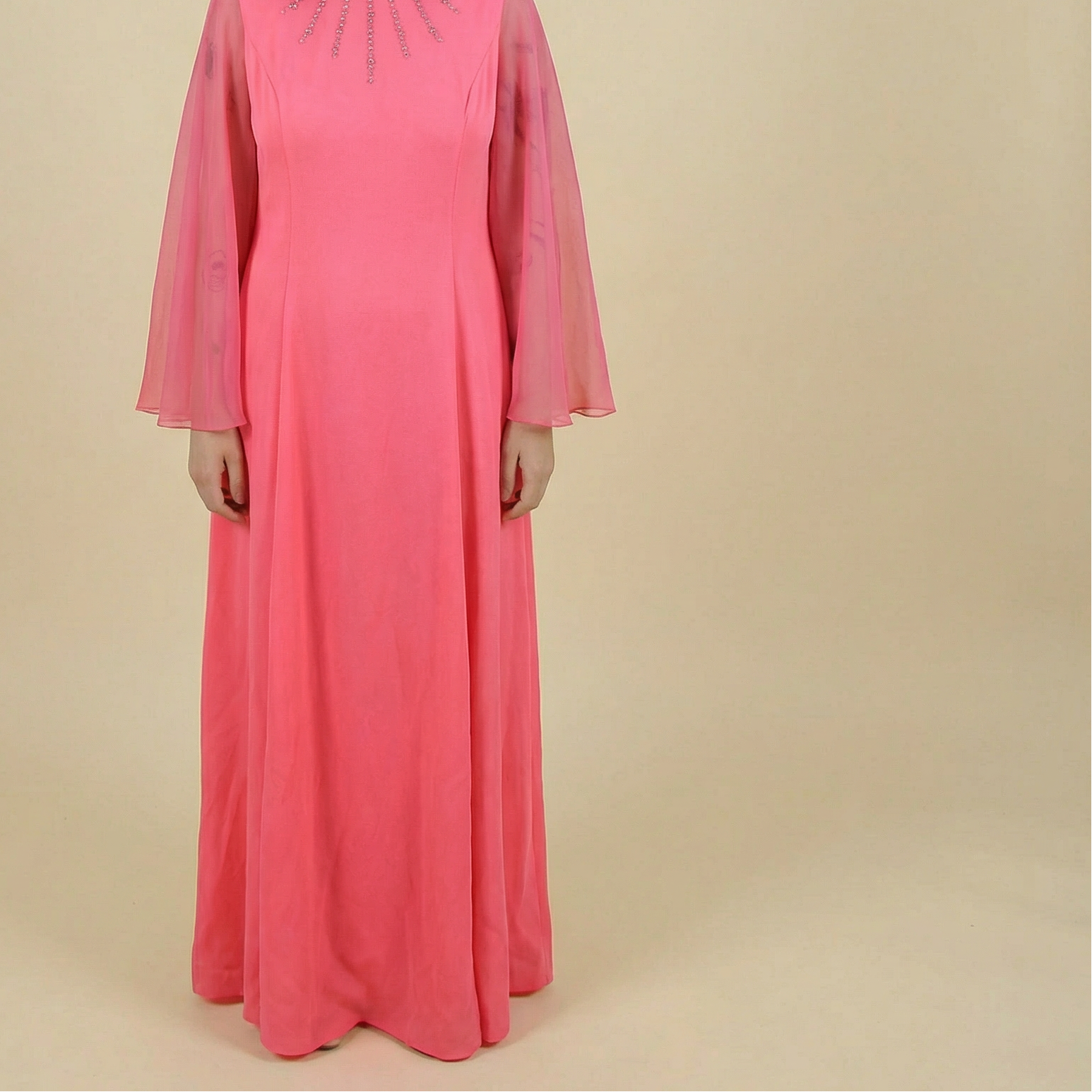 70s hot pink jeweled bell-sleeve maxi dress