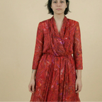 70s red marbled chiffon draped dress