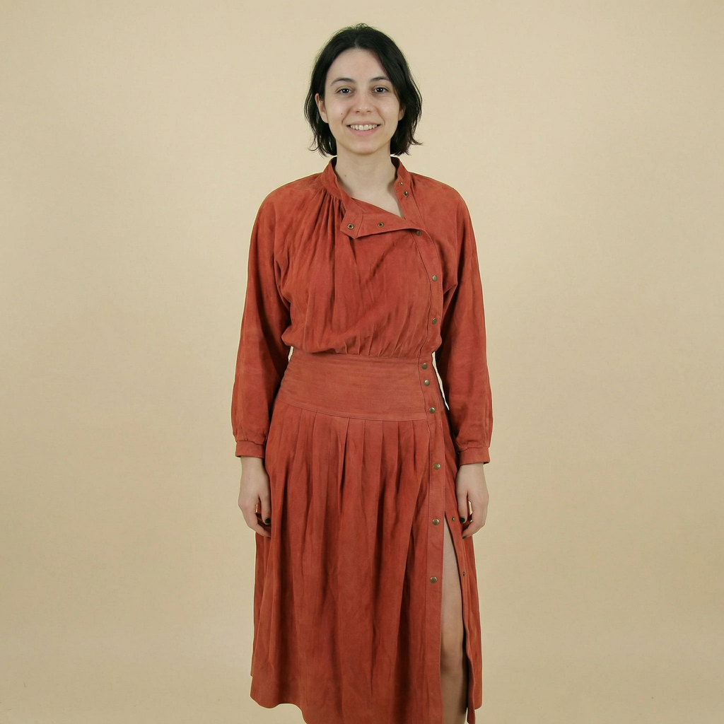 90s rust sculptural snap dress - 100% suede