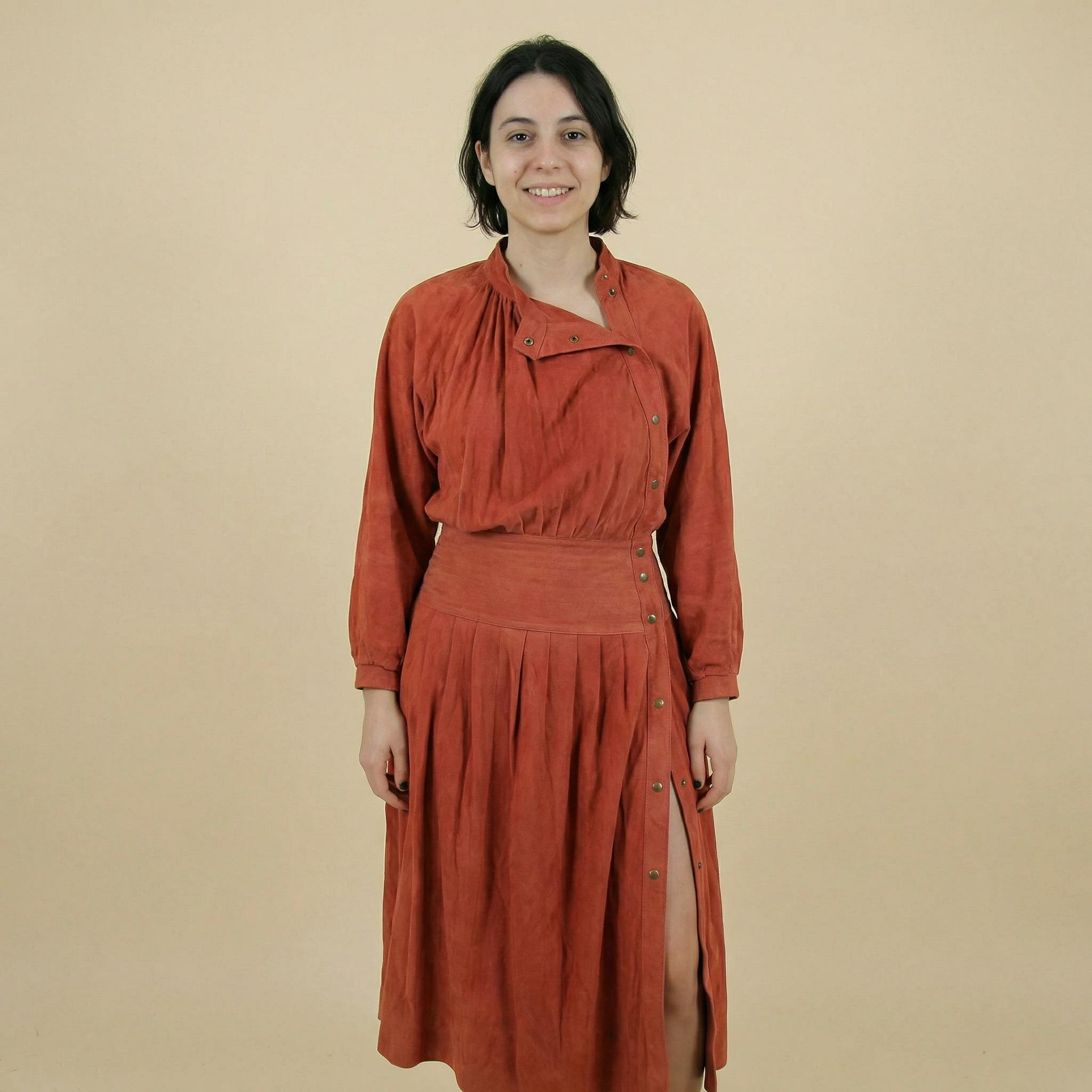 90s rust sculptural snap dress - 100% suede