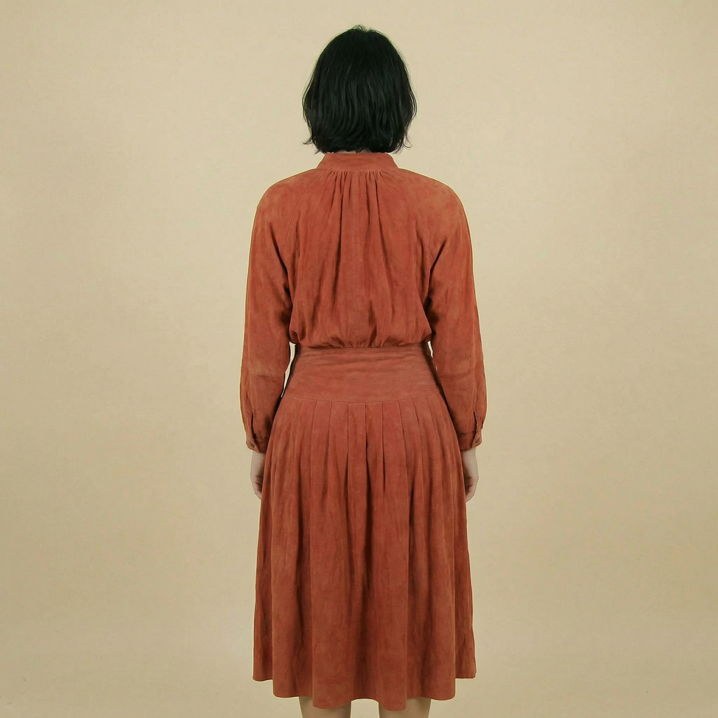 90s rust sculptural snap dress - 100% suede