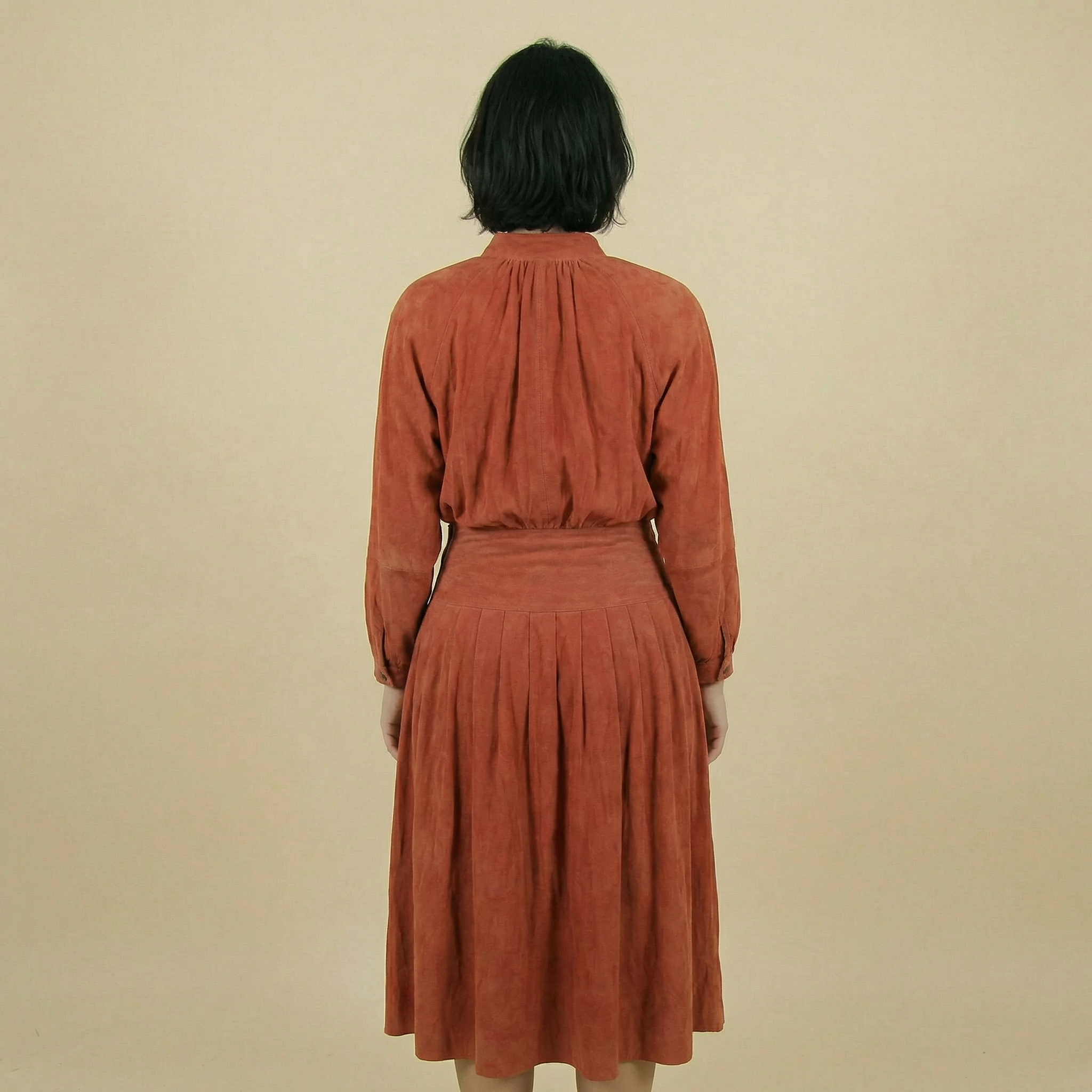 90s rust sculptural snap dress - 100% suede