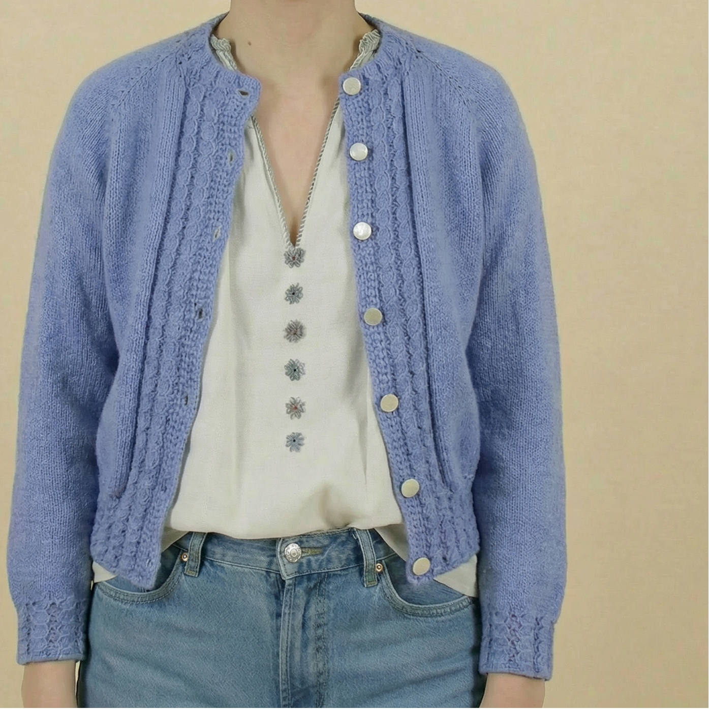 60s handknit periwinkle wool cardigan with mother of pearl buttons