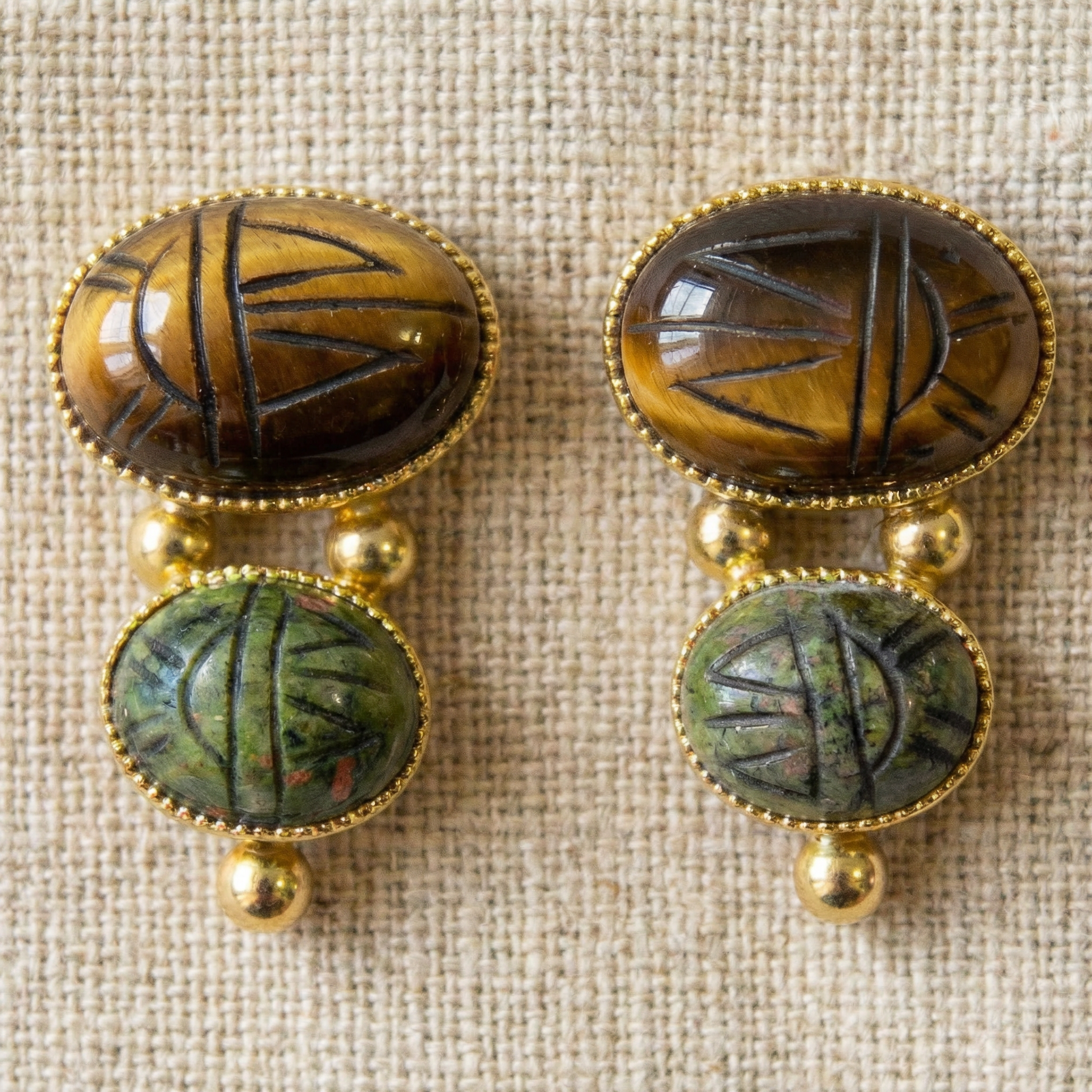 60s vintage tiger’s eye and unakite double scarab earrings