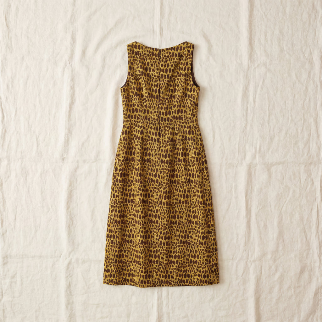 60s gold lurex animal print mod midi shift dress
