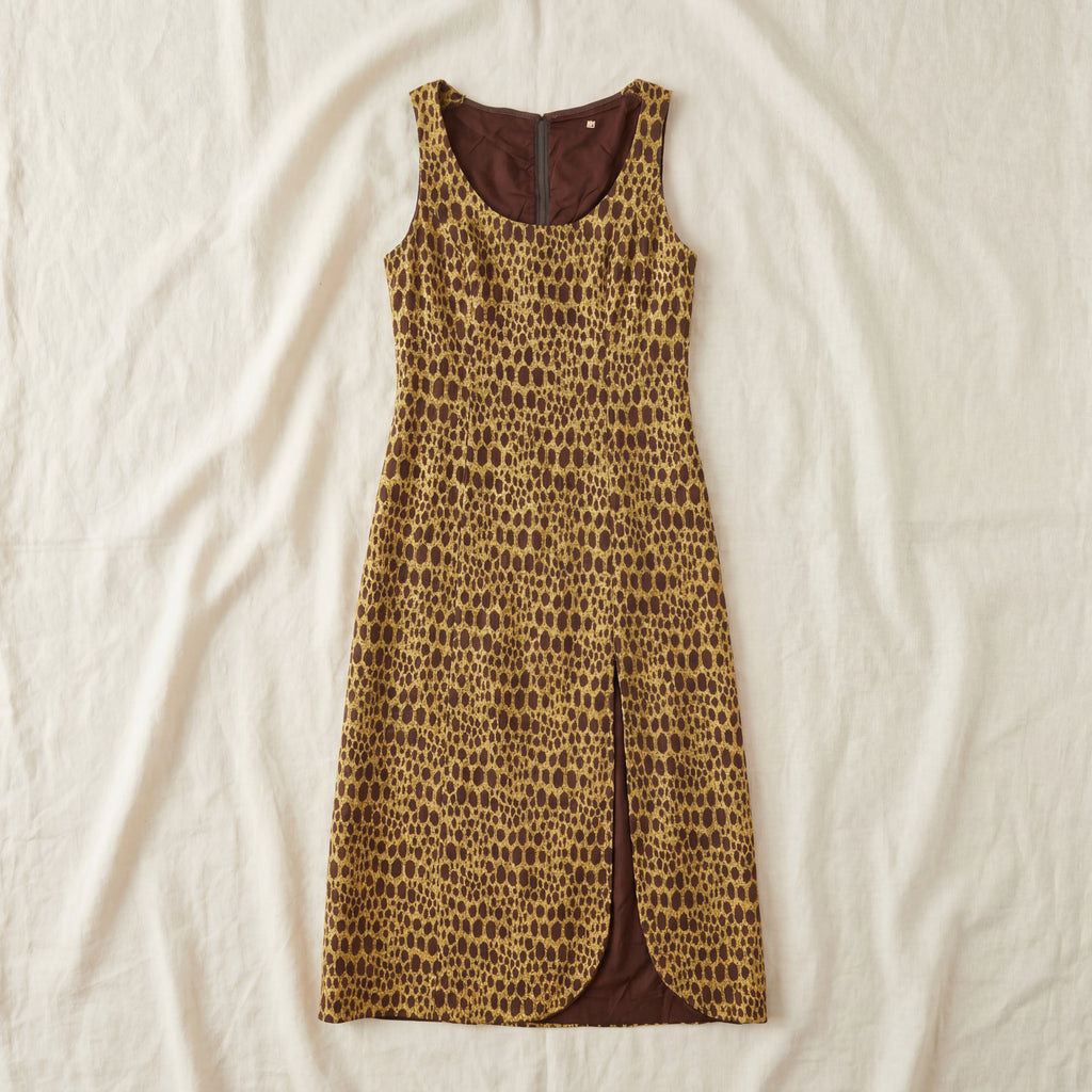 60s gold lurex animal print mod midi shift dress