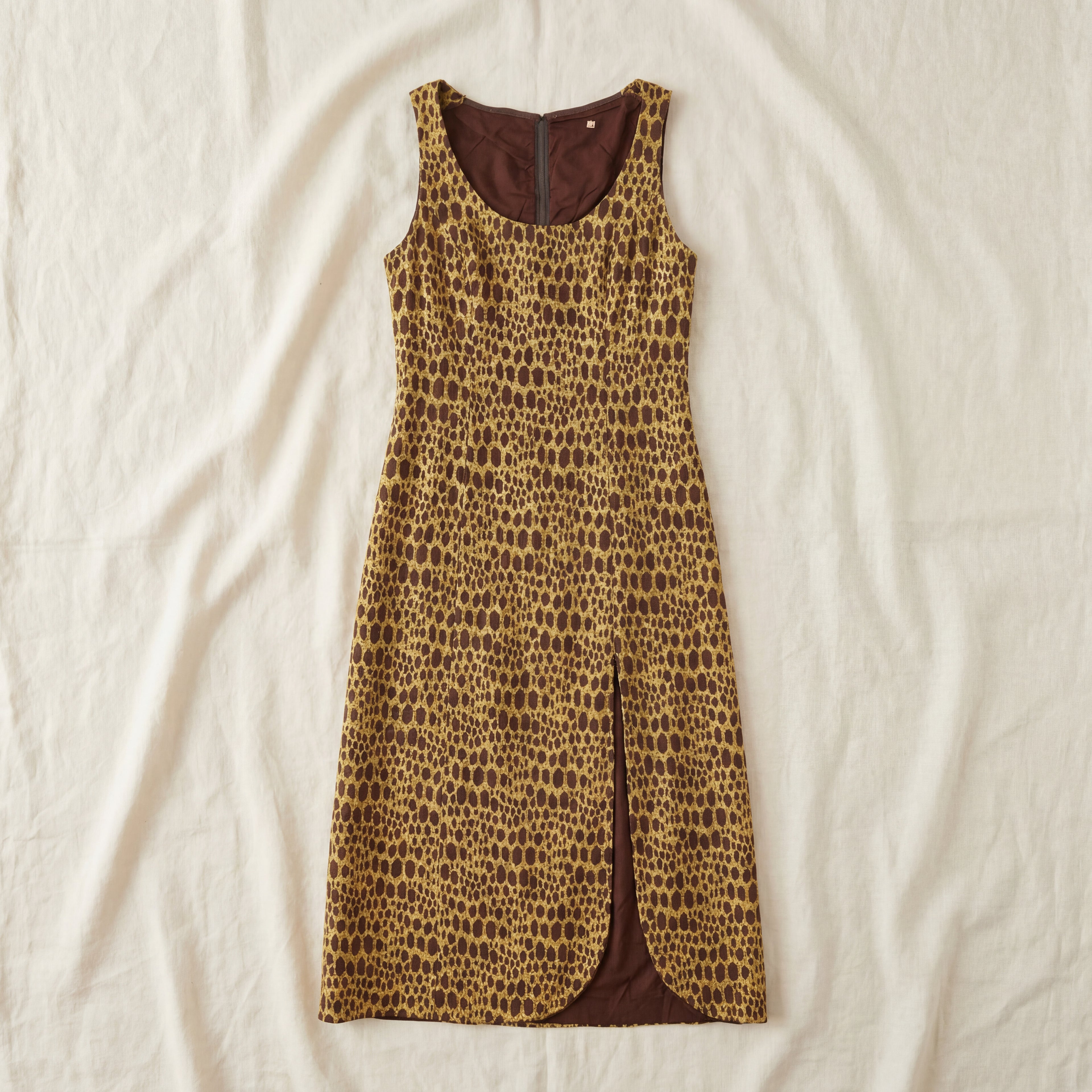 60s gold lurex animal print mod midi shift dress