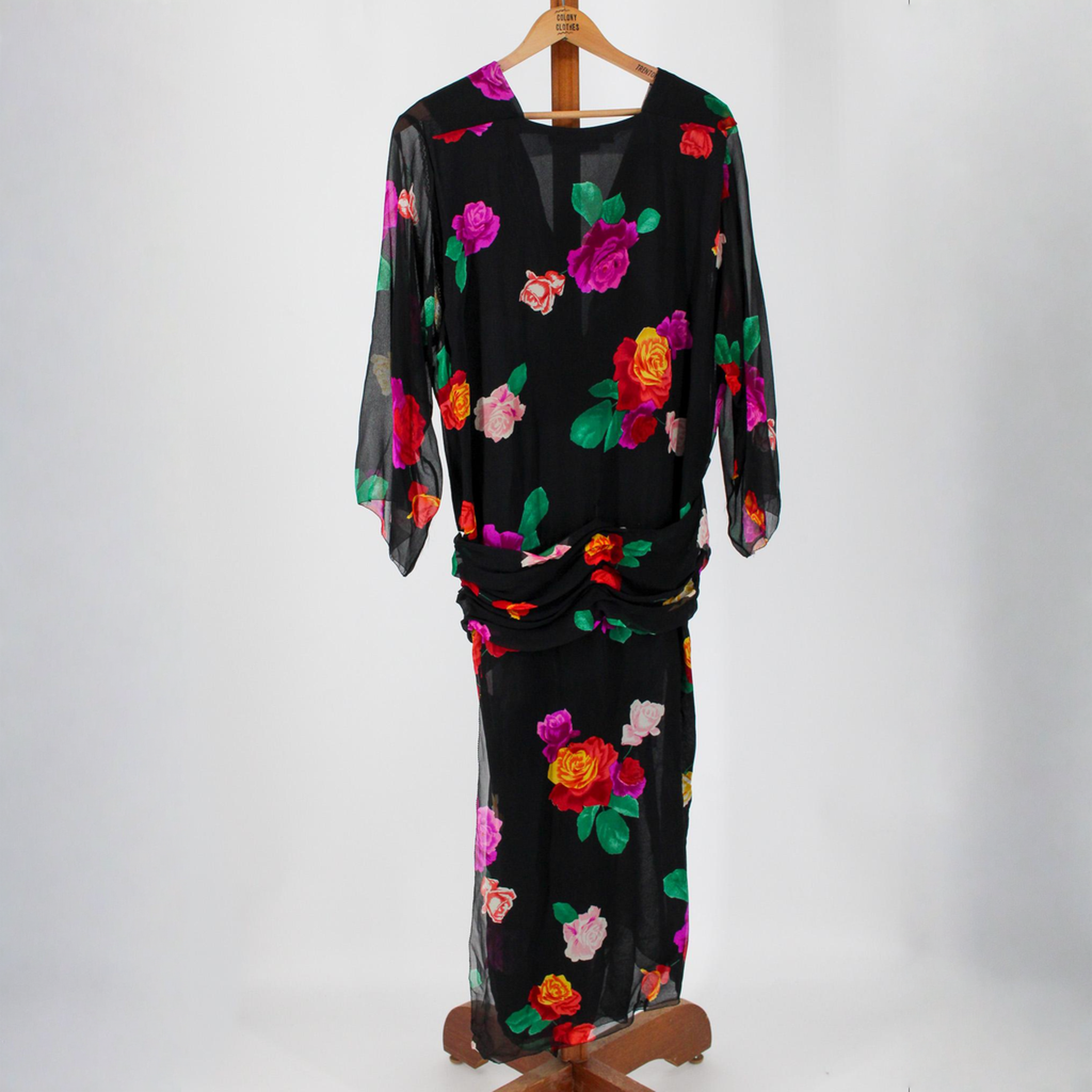 80s norma walters silk chiffon rose print draped dress