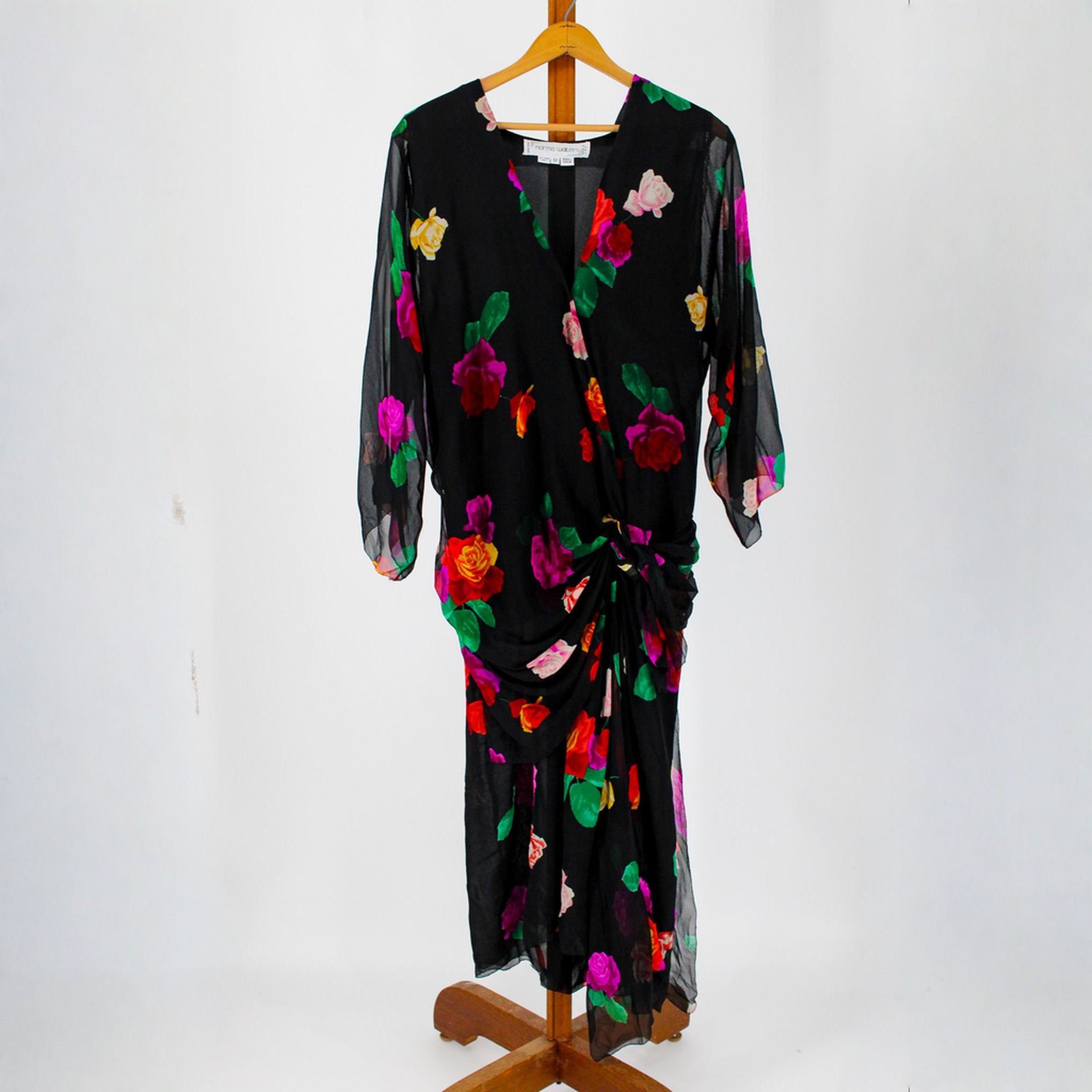 80s norma walters silk chiffon rose print draped dress