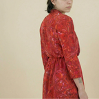 70s red marbled chiffon draped dress