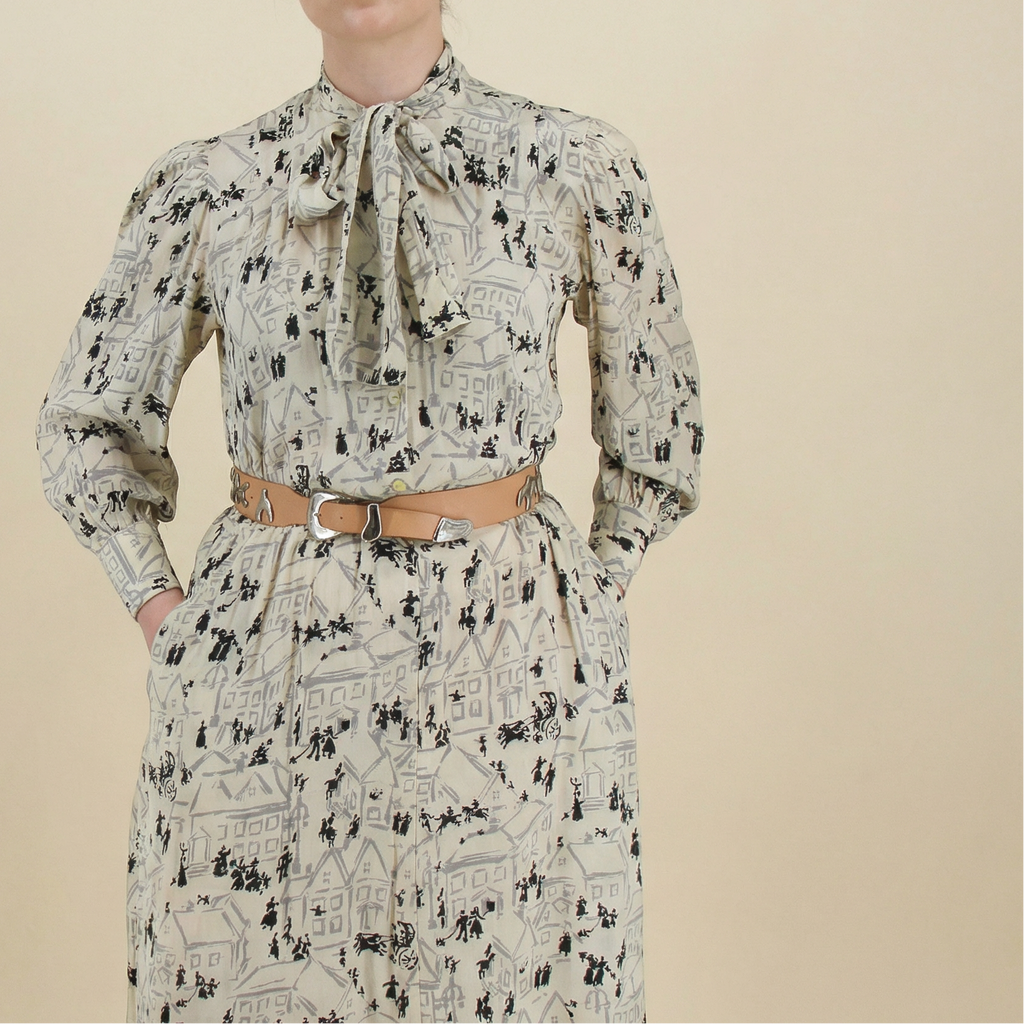 70s silk village print tie neck dress