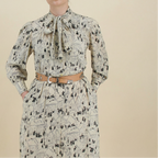 70s silk village print tie neck dress