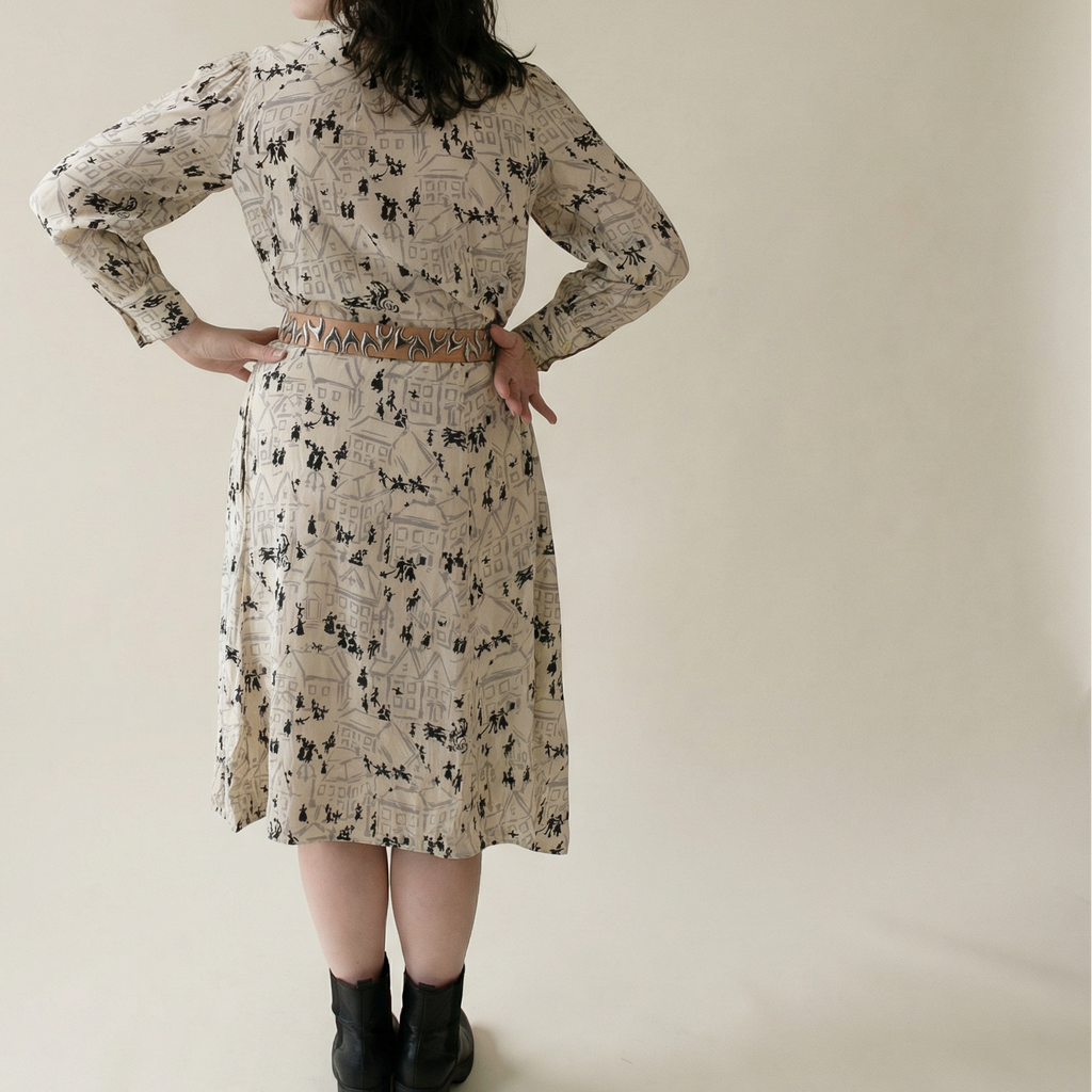 70s silk village print tie neck dress