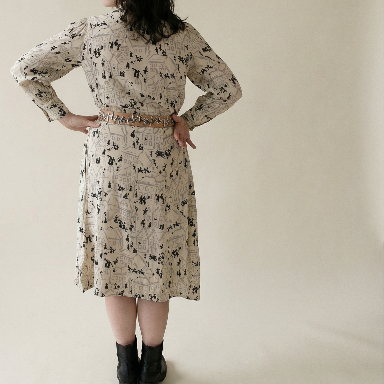 70s silk village print tie neck dress