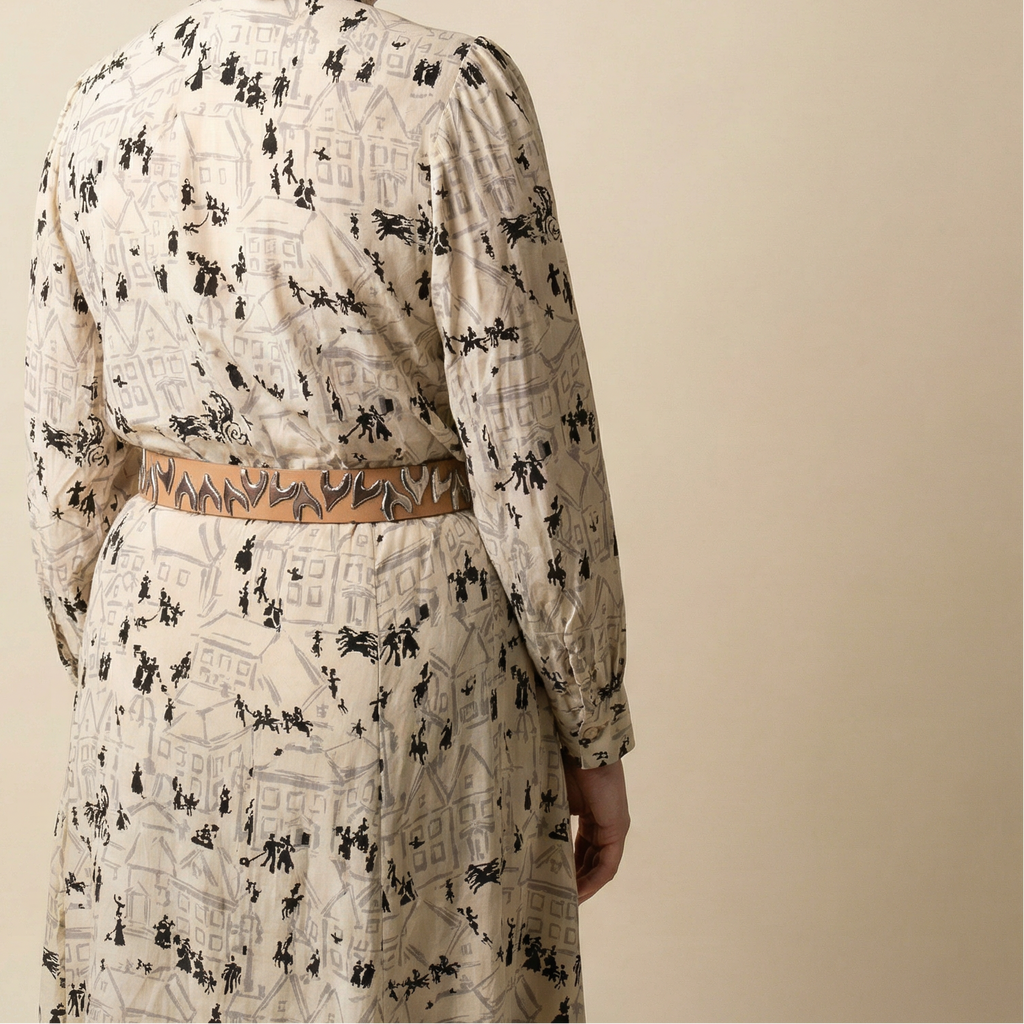 70s silk village print tie neck dress