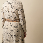 70s silk village print tie neck dress