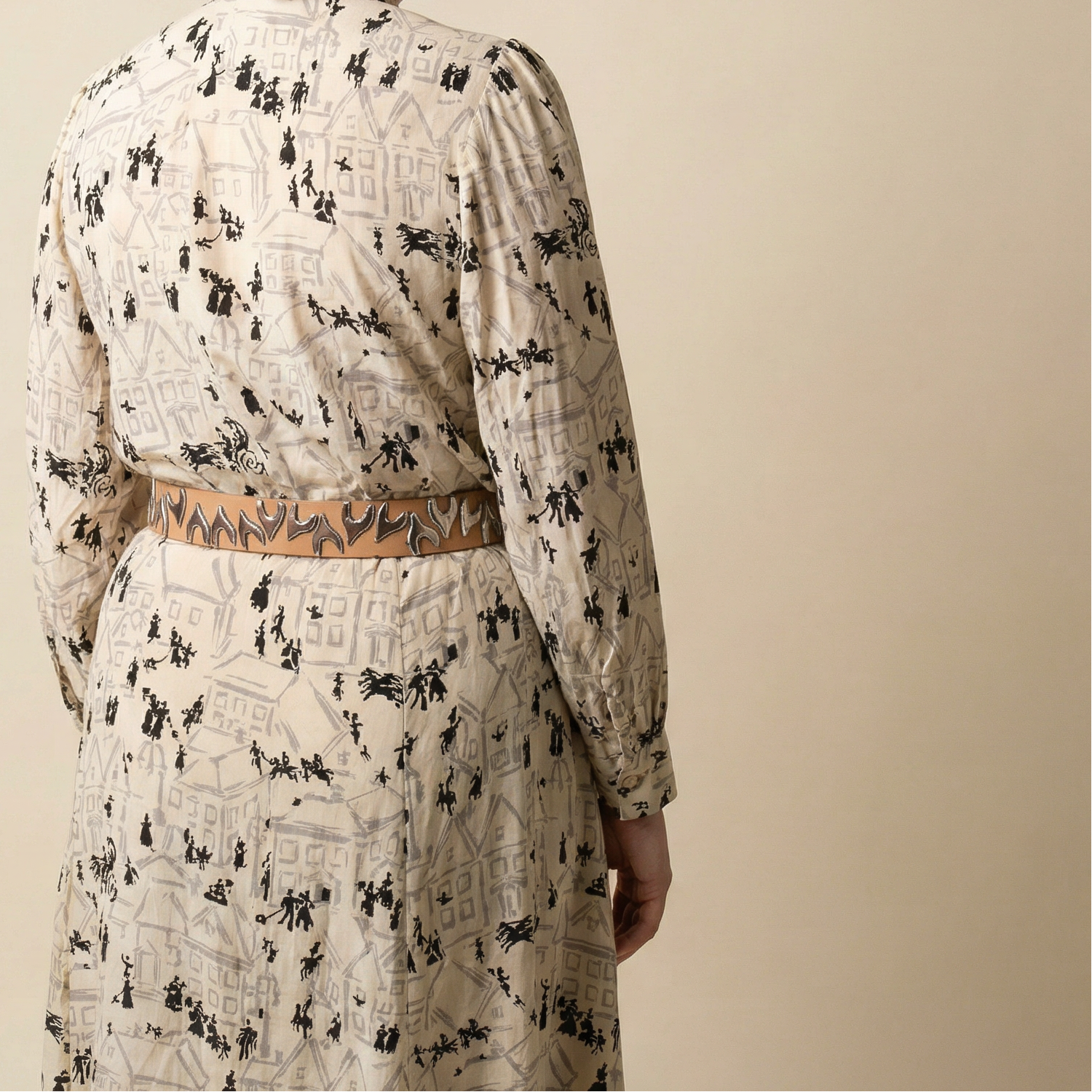 70s silk village print tie neck dress