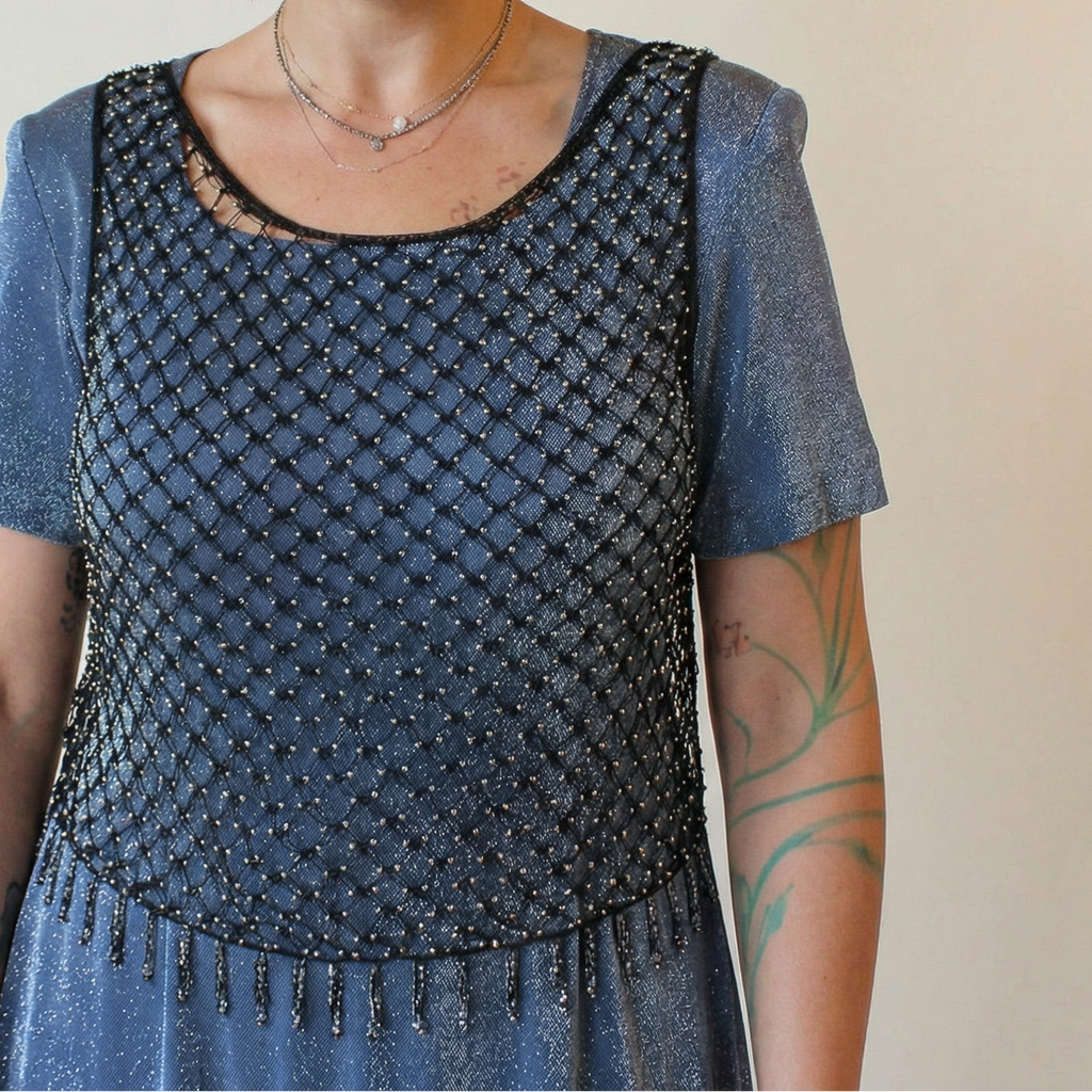 90s stenay silver beaded mesh top s/m