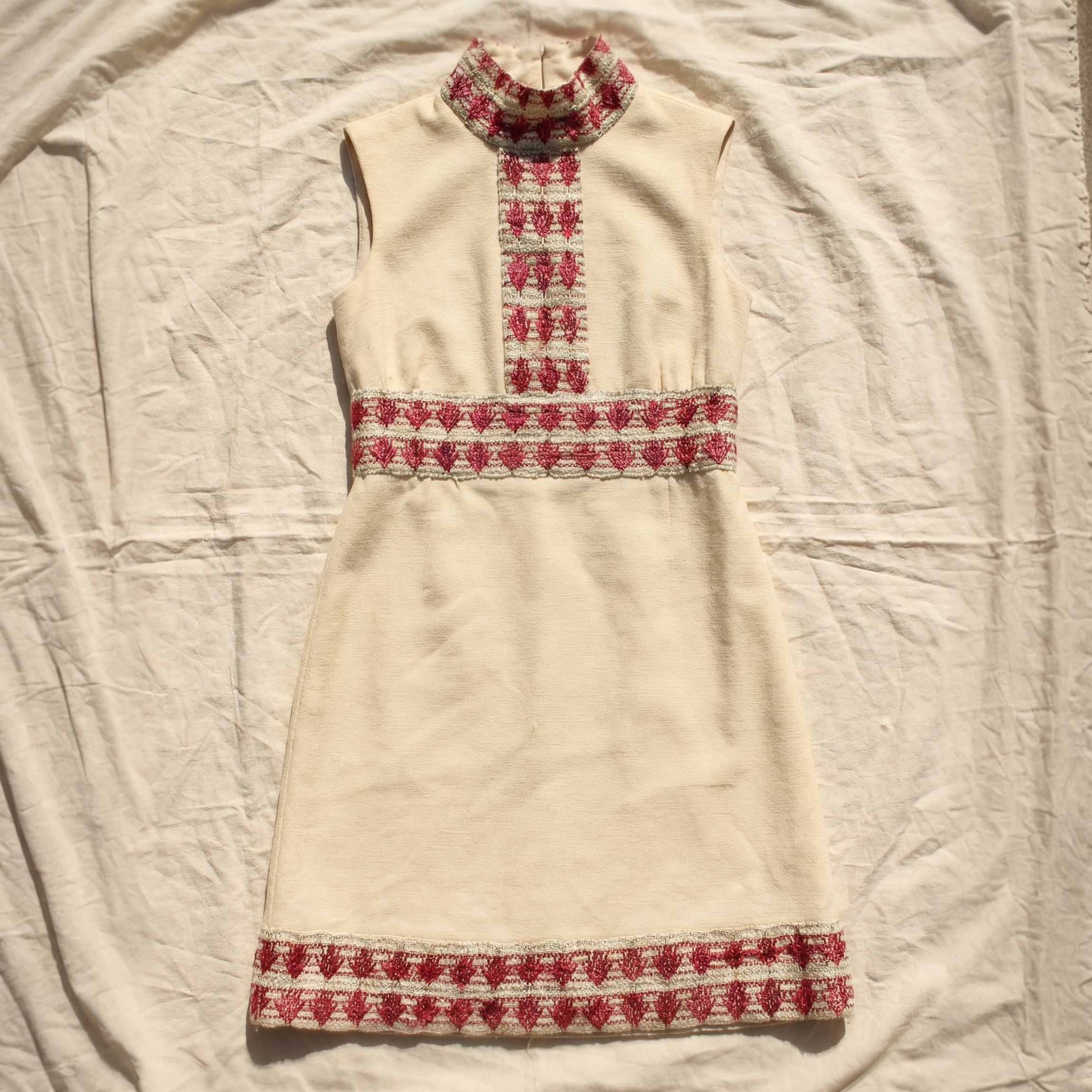 60s wool mod shift dress with metallic pink embroidery