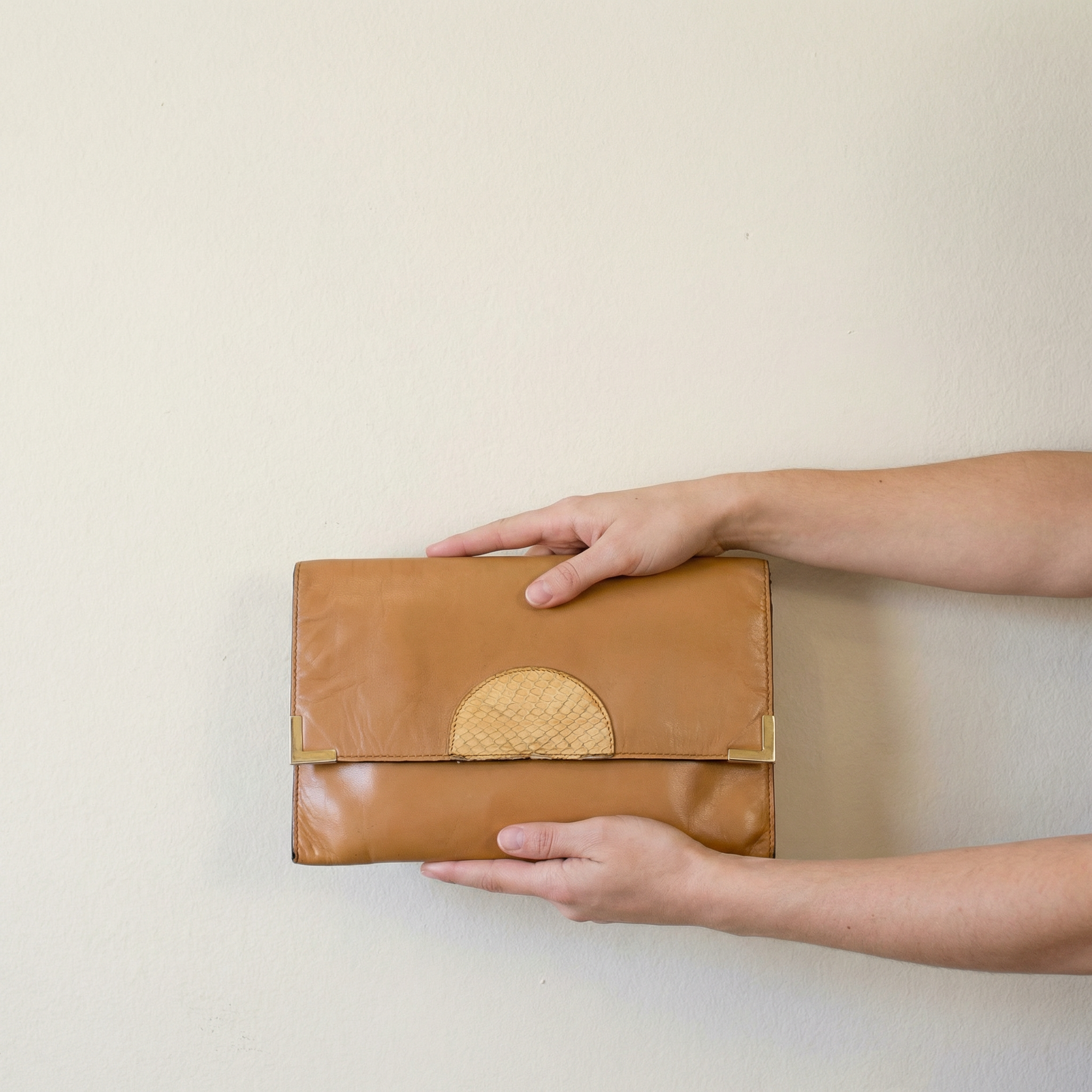 70s vintage tan leather fold-over clutch with faux reptile accent and gold corners