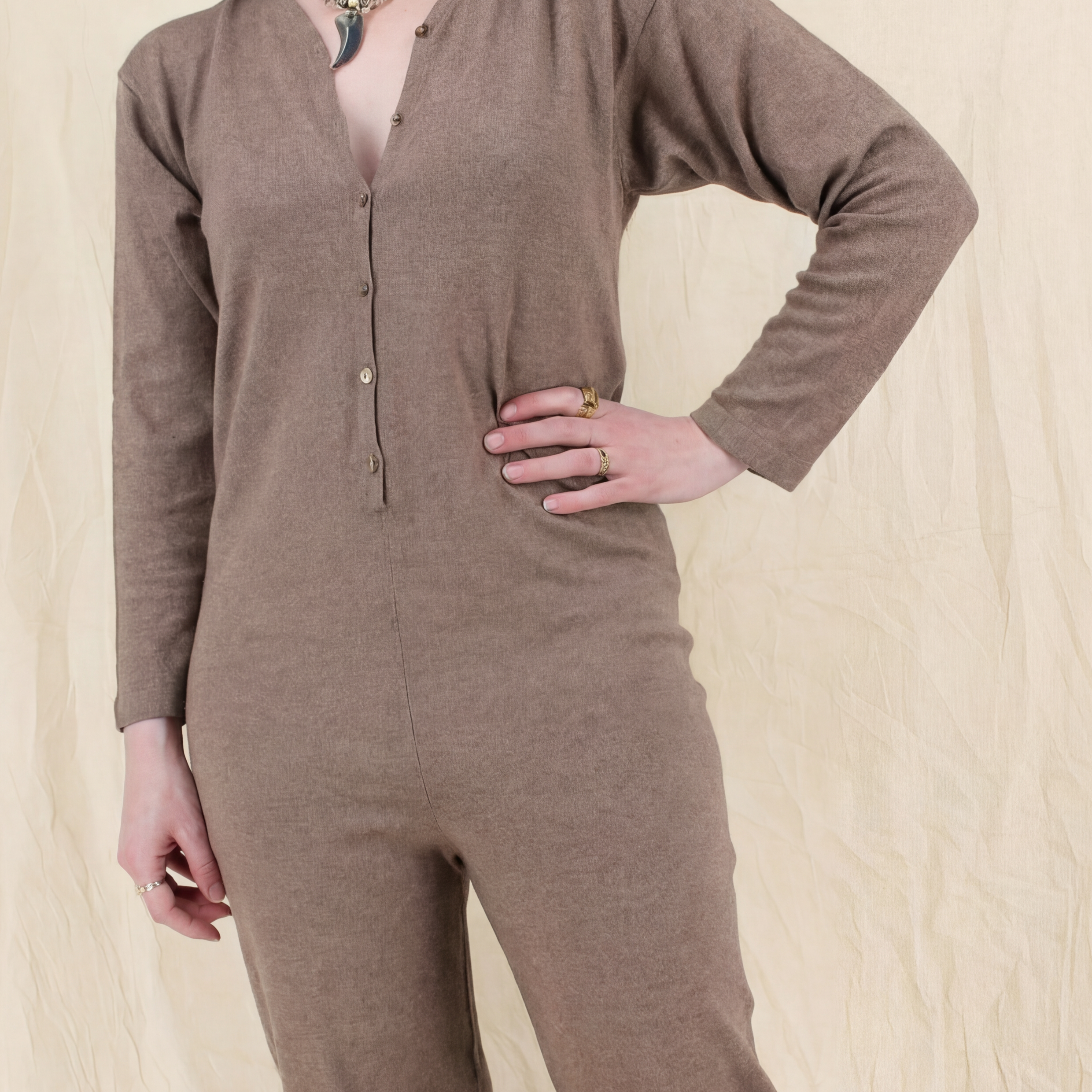 90s les copains taupe knit henley jumpsuit