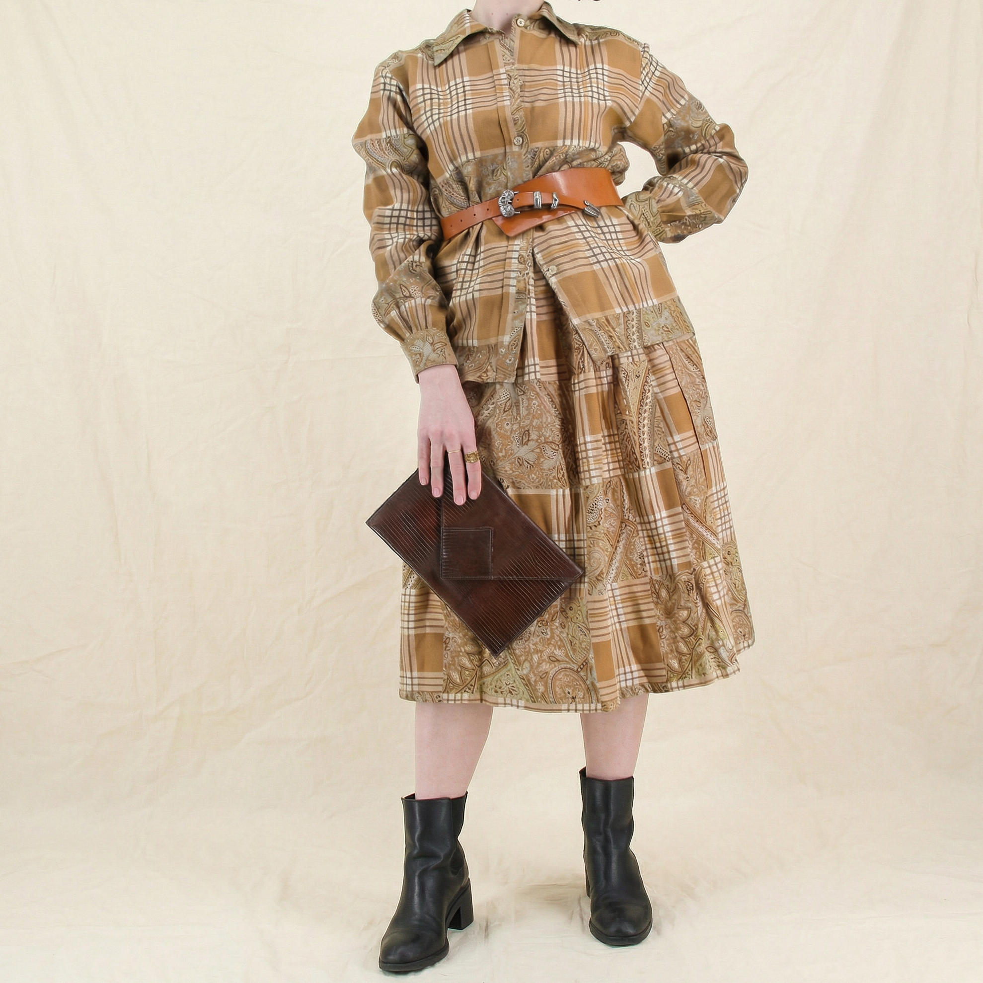 70s ysl rive gauche ballets russes era two-piece plaid and paisley set
