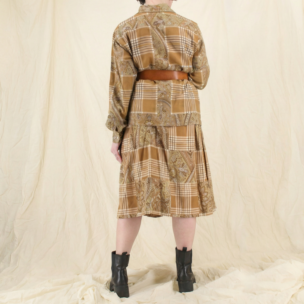 70s ysl rive gauche ballets russes era two-piece plaid and paisley set