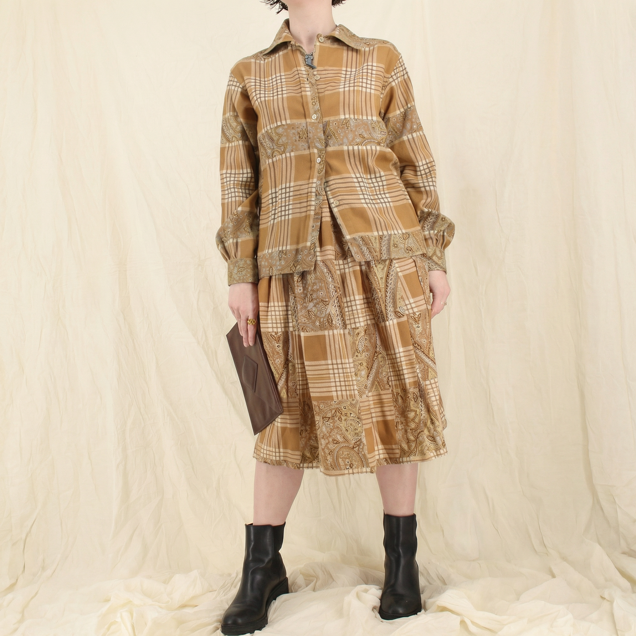 70s ysl rive gauche ballets russes era two-piece plaid and paisley set