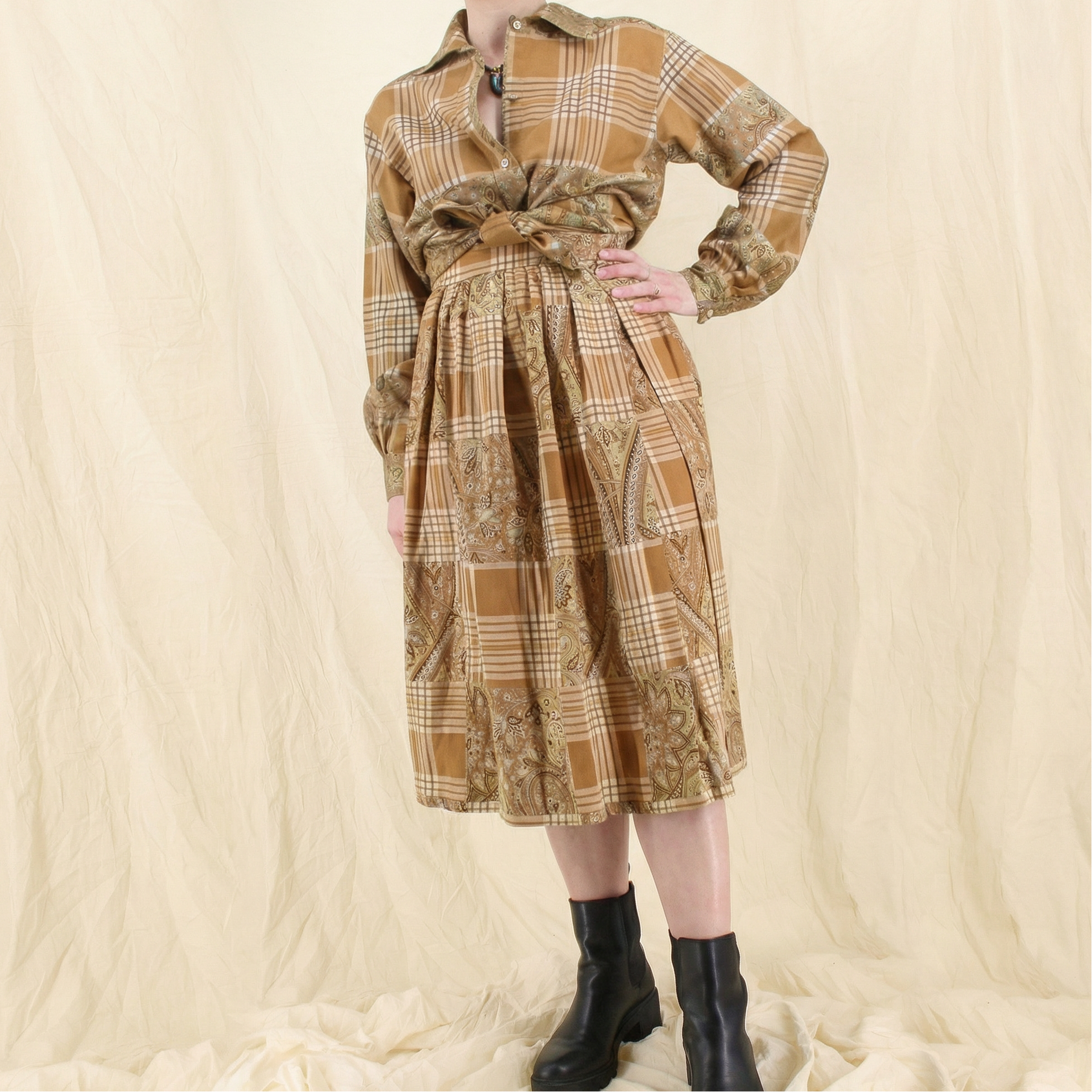 70s ysl rive gauche ballets russes era two-piece plaid and paisley set