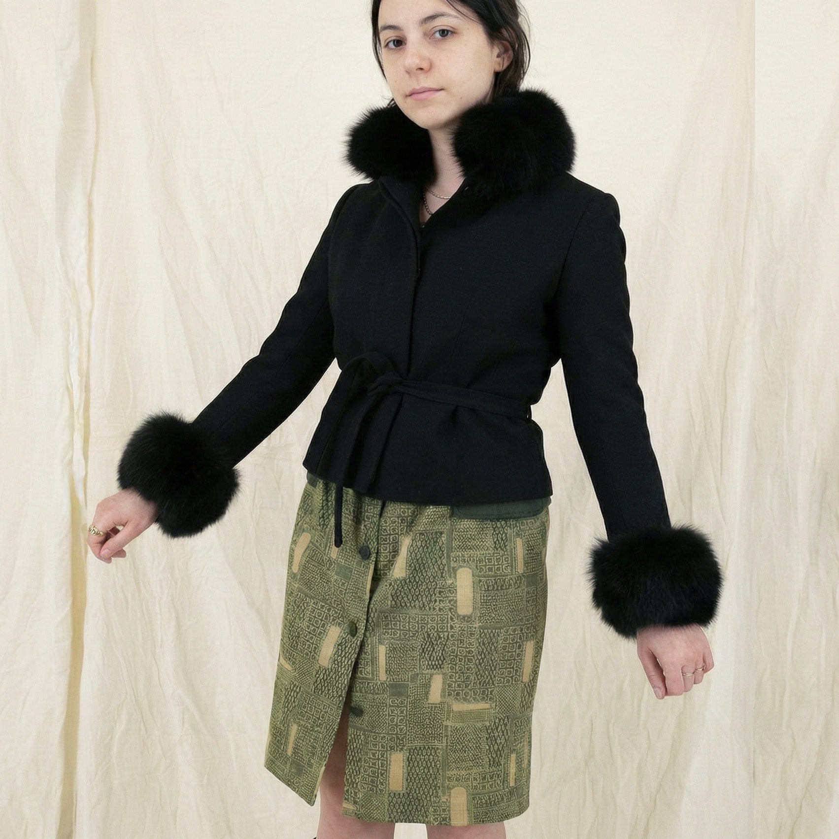 90s italian wool belted jacket with fox fur collar and cuffs