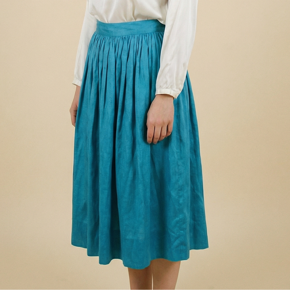 90s raw silk turquoise handmade midi skirt